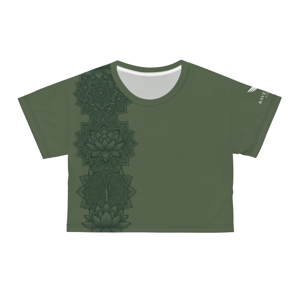 Raven Zen Moss Lotus Mandala Crop Tee — Olive Green Spiritual Yoga Top