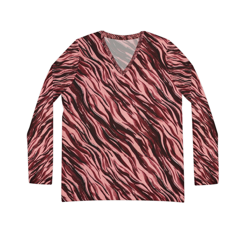 Women's V-Neck Long Sleeve Shirt — Pink & Cranberry Tiger Print All-Over Print | Raven Quest Apparel - Raven Quest Apparel