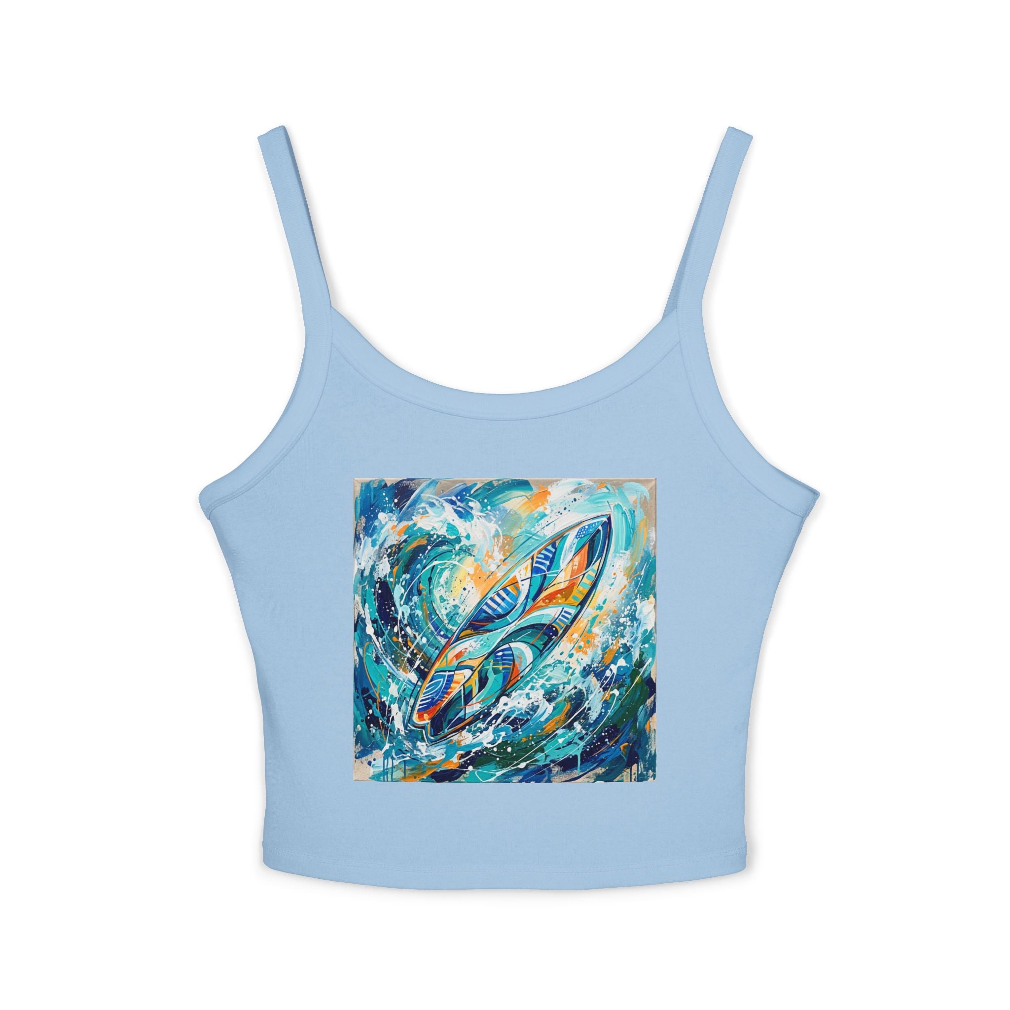 Surf Wave Abstract Tank Top -Vibrant Ocean Art Women's Spaghetti-Strap Crop | Raven Quest - Raven Quest Apparel