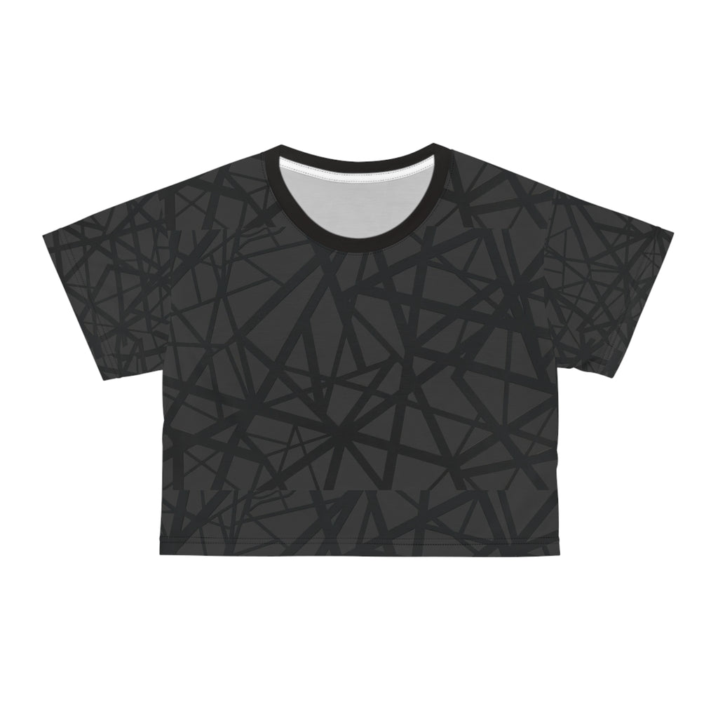 Black Eruption Line Pattern Crop Tee — All-Over Print Casual Top