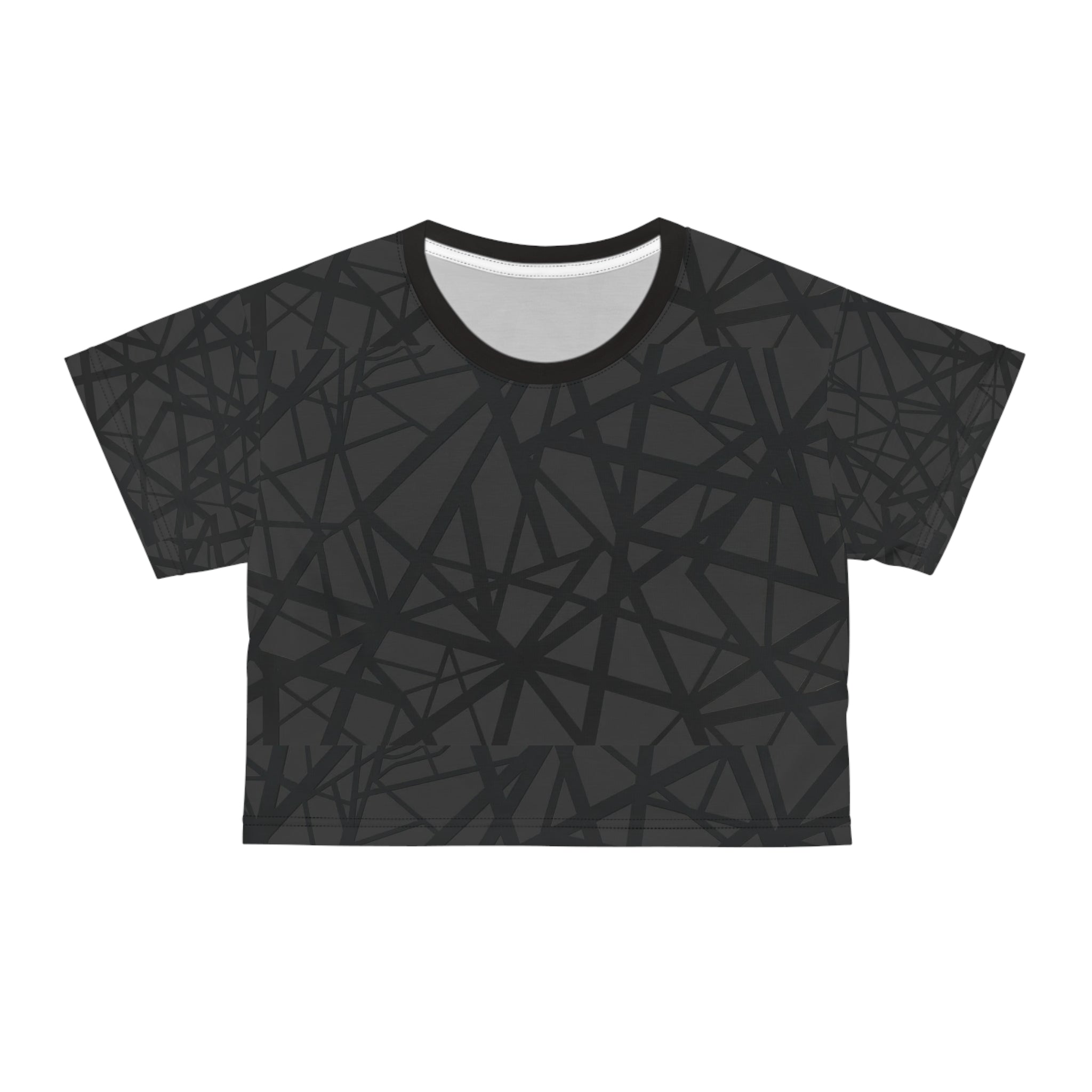 Black Eruption Line Pattern Crop Tee — All-Over Print Casual Top
