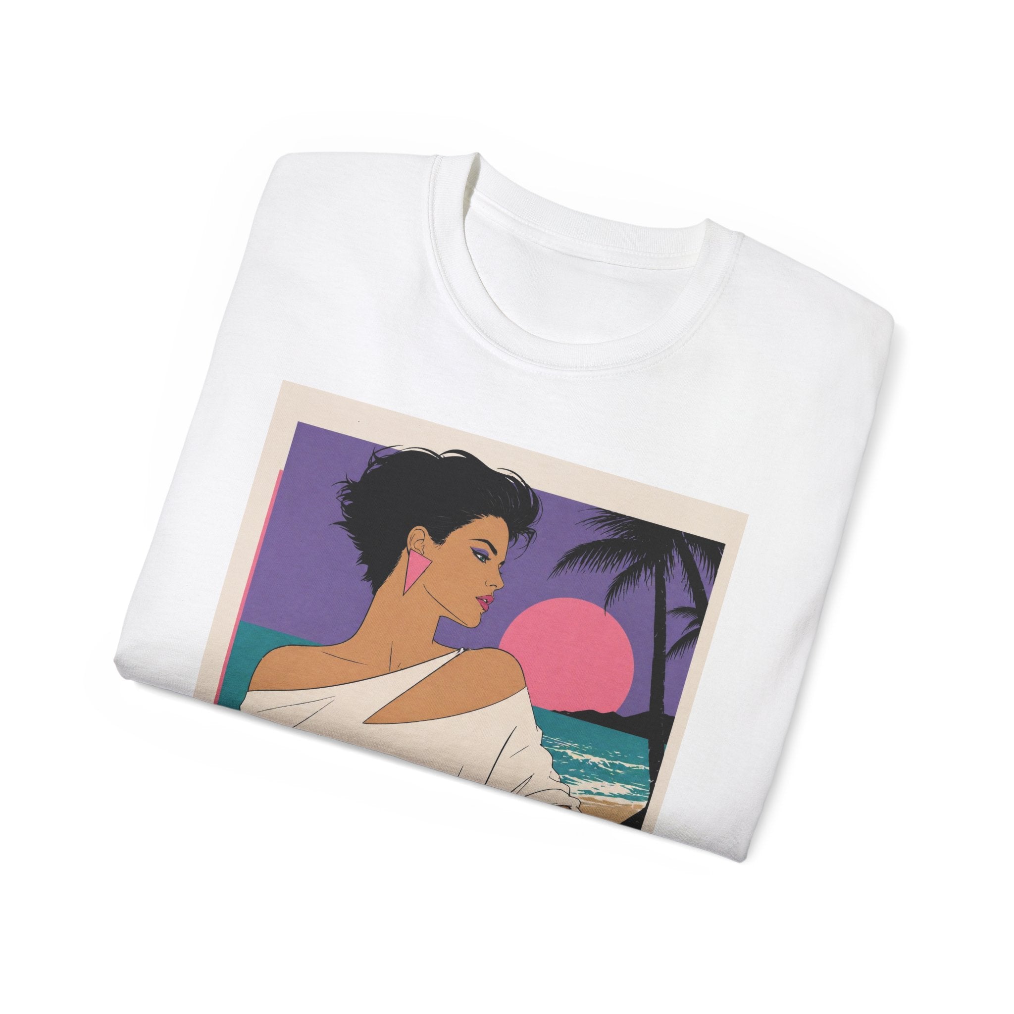 Retro Sunset Beach Tee — 80s Miami Woman Graphic T-Shirt
