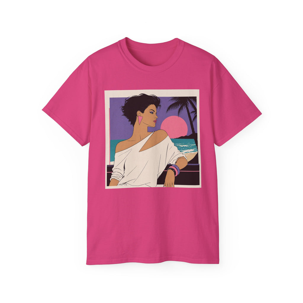 Retro Sunset Beach Tee — 80s Miami Woman Graphic T-Shirt