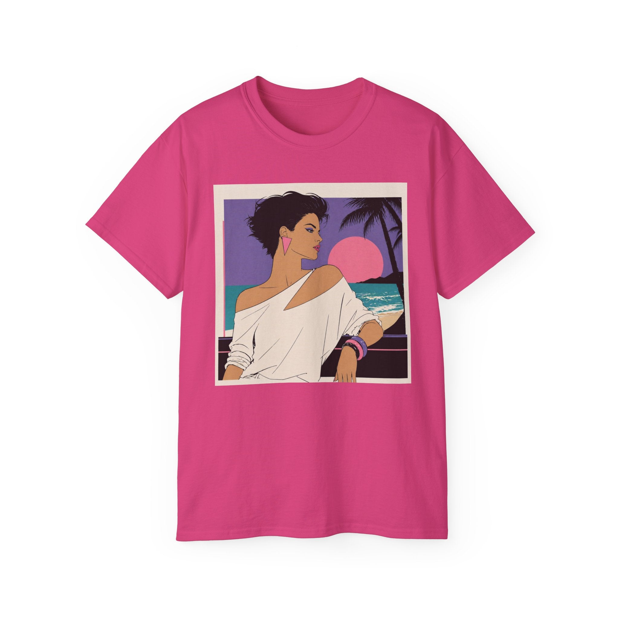 Retro Sunset Beach Tee — 80s Miami Woman Graphic T-Shirt