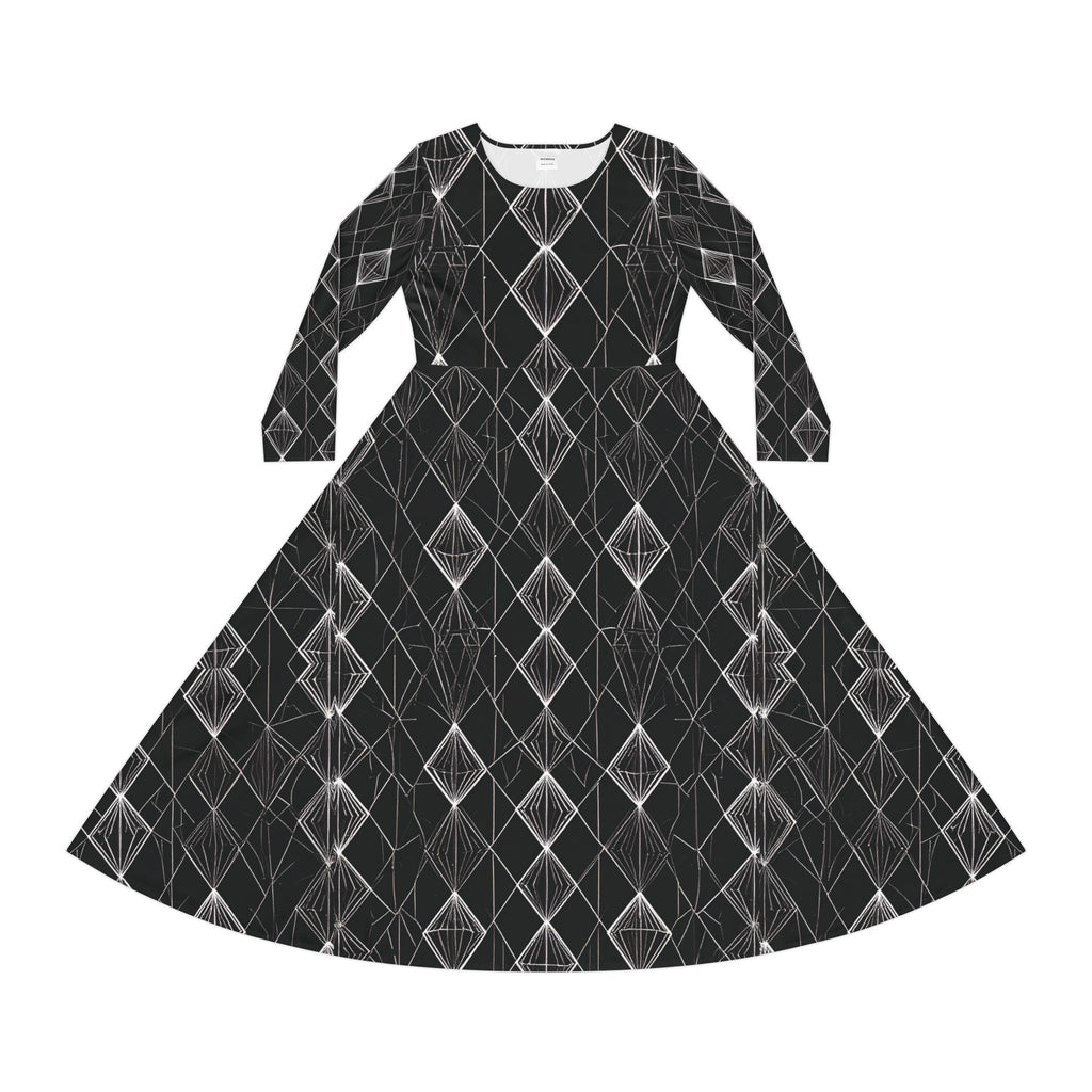 Black Geometric Long-Sleeve Dance Dress — Elegant Diamond Pattern AOP - Raven Quest Apparel