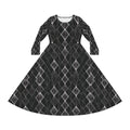 Black Geometric Long-Sleeve Dance Dress — Elegant Diamond Pattern AOP - Raven Quest Apparel