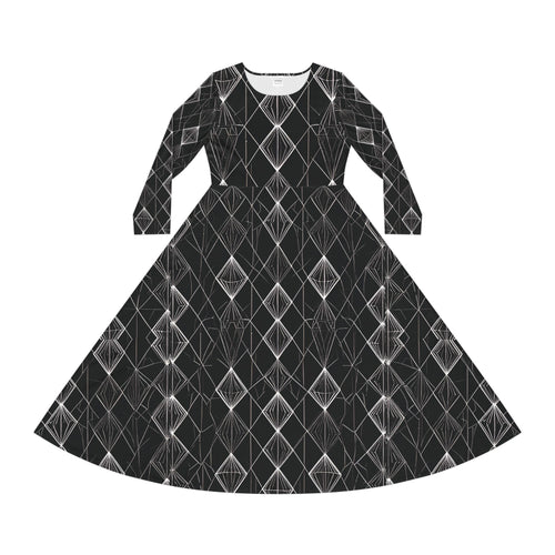Black Geometric Long-Sleeve Dance Dress — Elegant Diamond Pattern AOP - Raven Quest Apparel