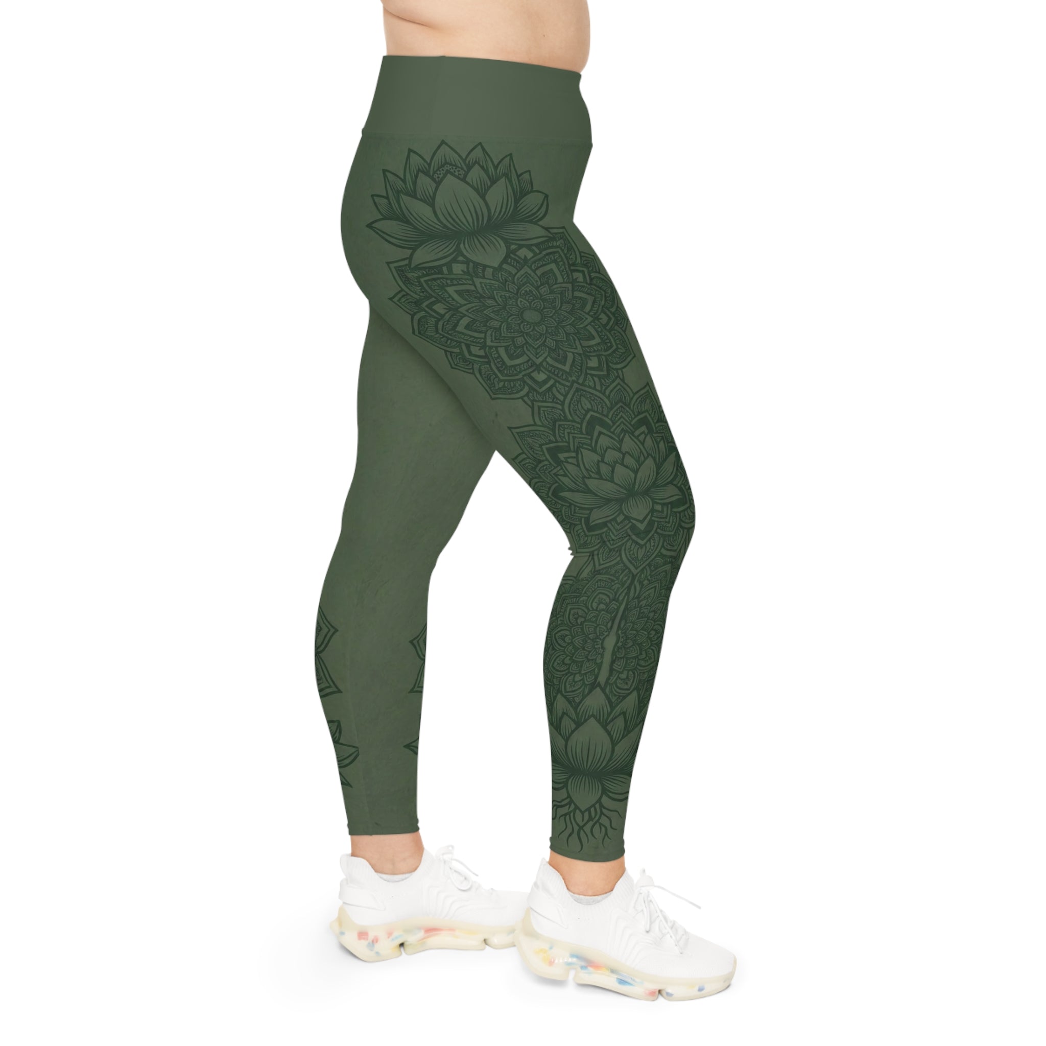 Plus Size Zen Mossy Green Mandala Leggings | Raven Quest Apparel