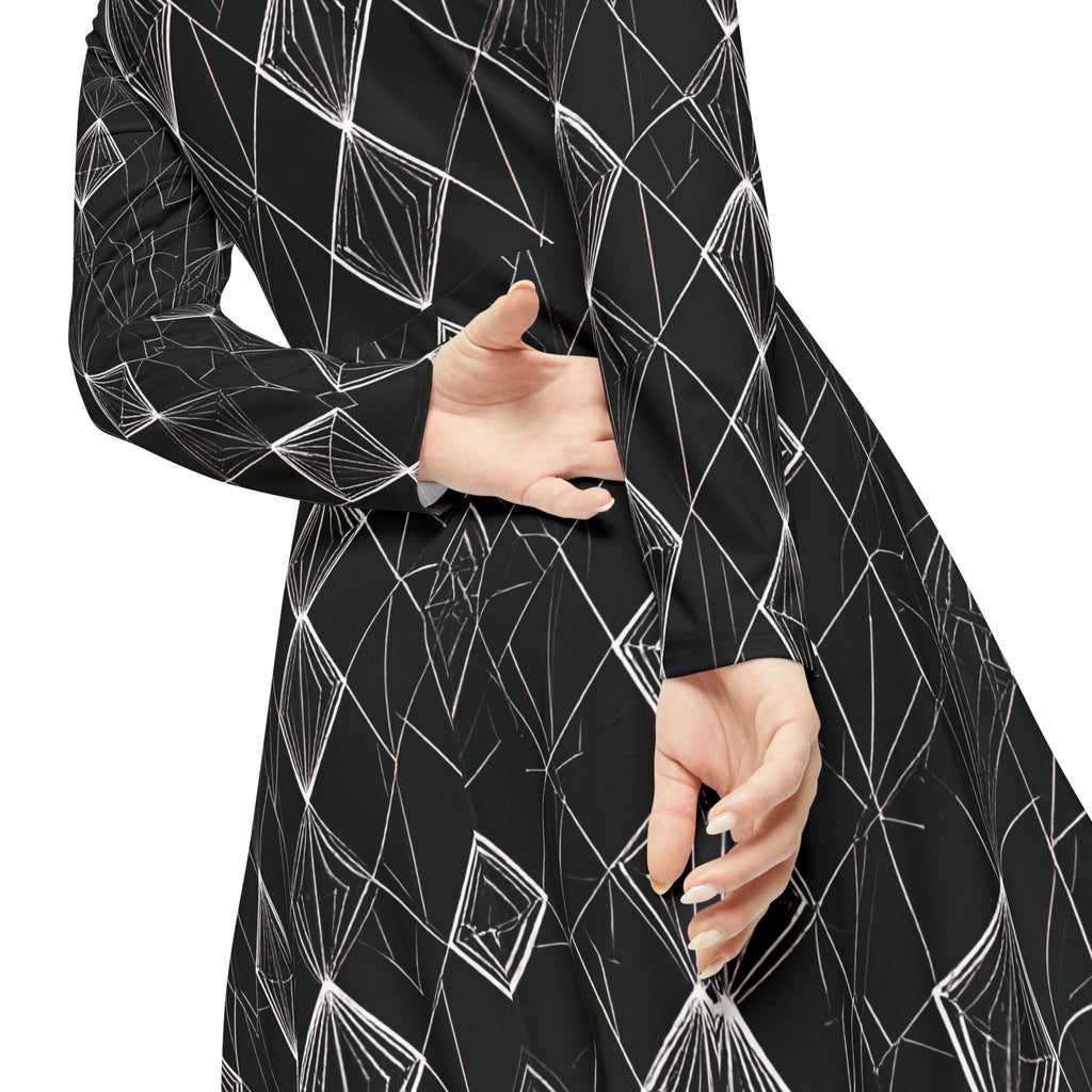 Black Geometric Long-Sleeve Dance Dress — Elegant Diamond Pattern AOP - Raven Quest Apparel