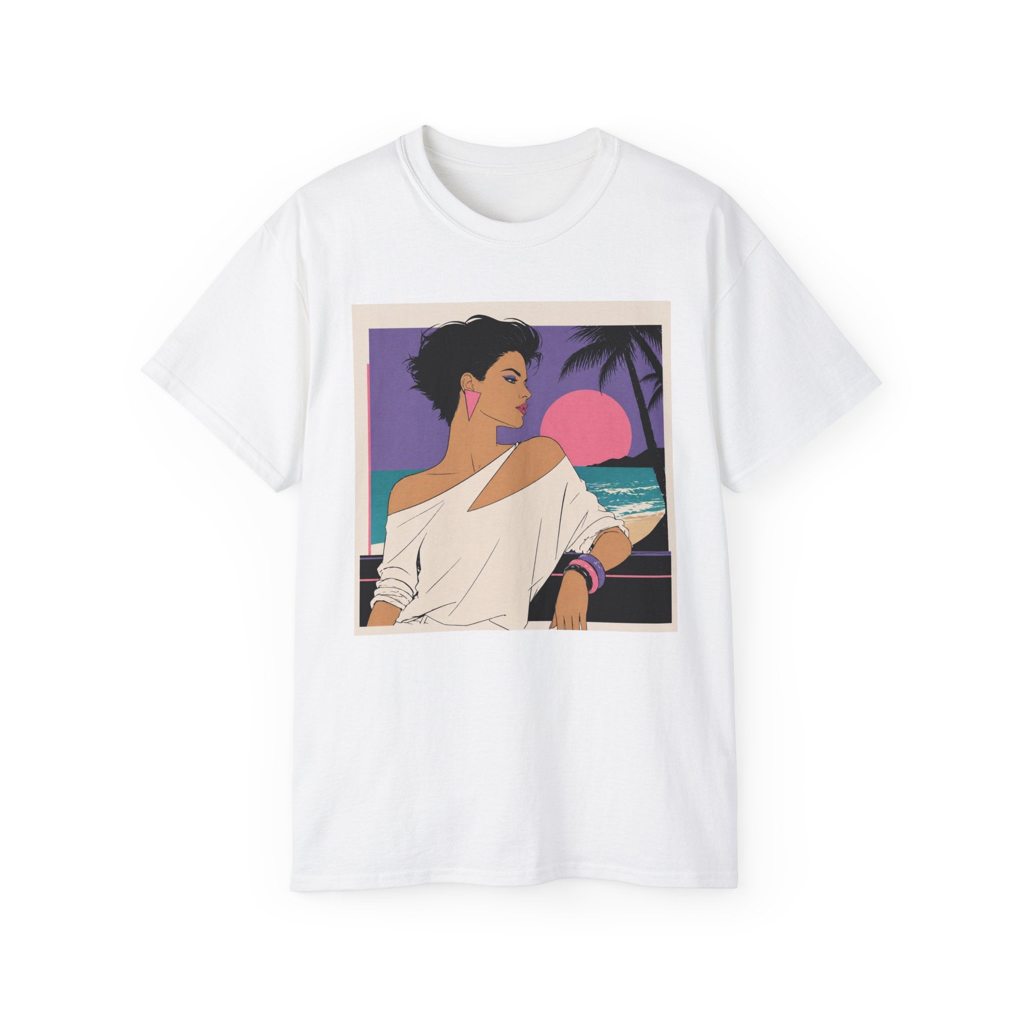 Retro Sunset Beach Tee — 80s Miami Woman Graphic T-Shirt