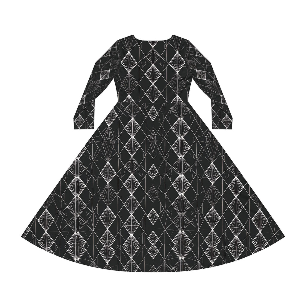 Black Geometric Long-Sleeve Dance Dress — Elegant Diamond Pattern AOP - Raven Quest Apparel