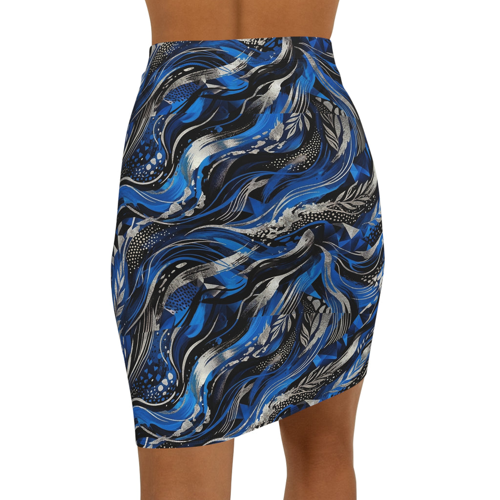 Blue Abstract Wave Pencil Skirt — Mid‑Waist Printed Women's Skirt - Raven Quest Apparel