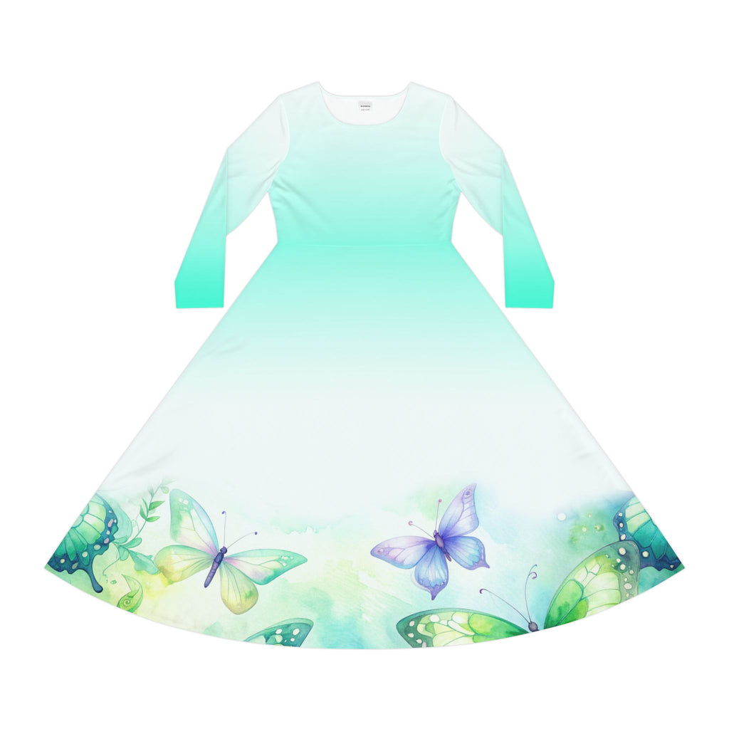 Butterfly Garden Long Sleeve Dance Dress — Pastel Aqua Gradient AOP - Raven Quest Apparel