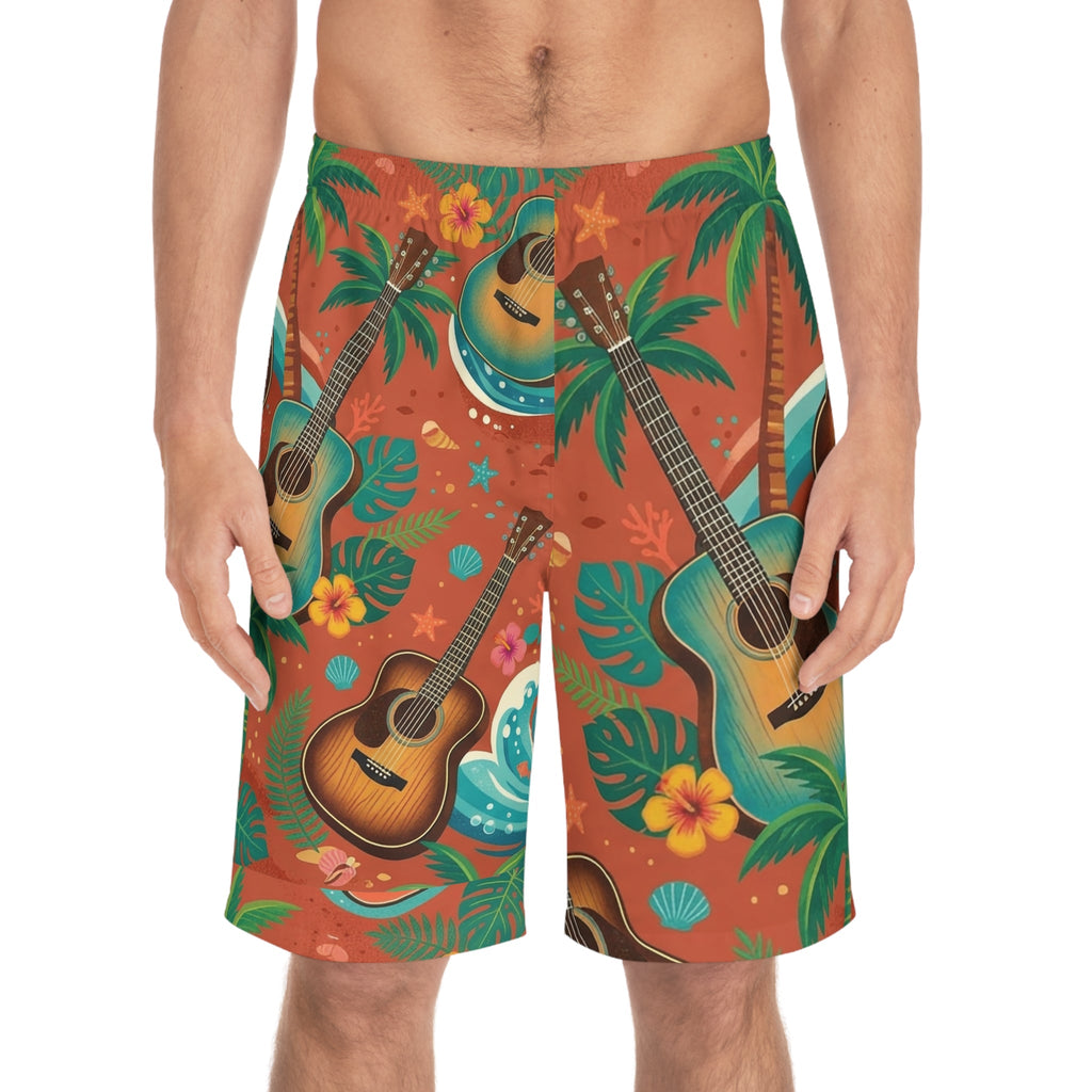 Acoustic Guitar Tropical Board Shorts — Men’s Hawaiian Beach Swim Trunks - Raven Quest Apparel