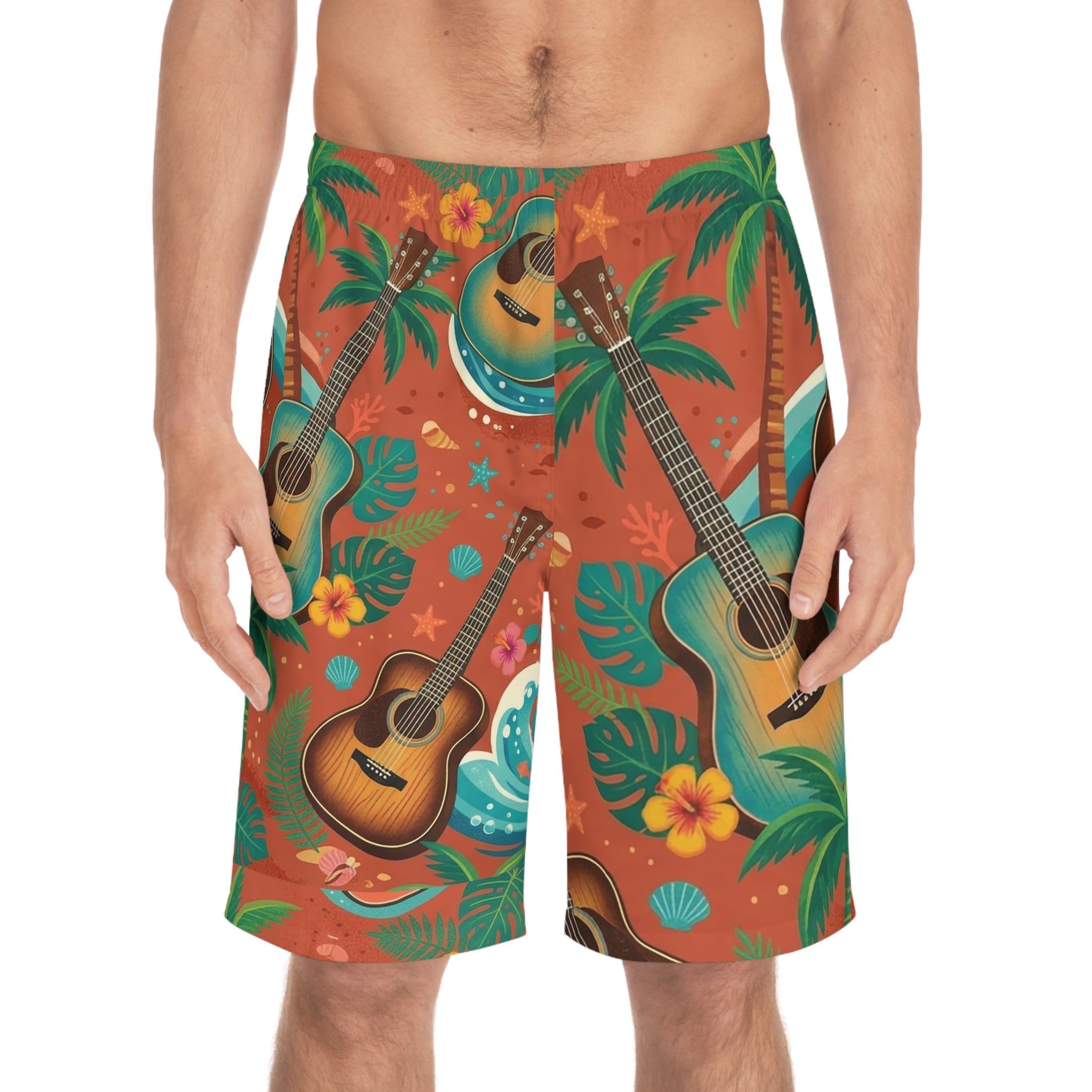 Acoustic Guitar Tropical Board Shorts — Men’s Hawaiian Beach Swim Trunks - Raven Quest Apparel