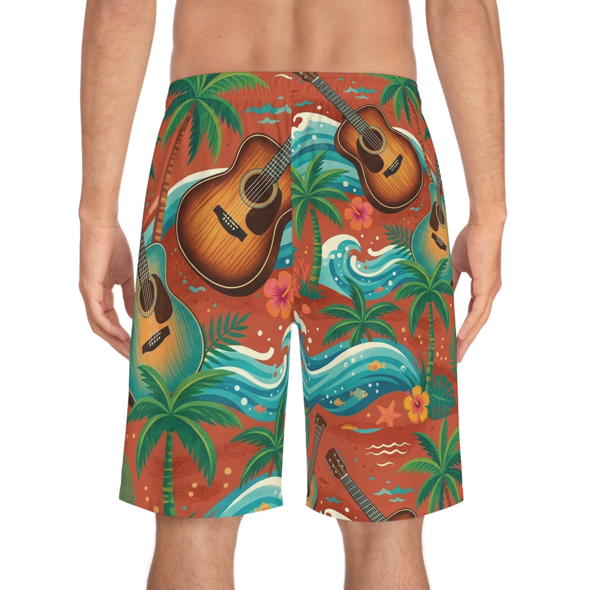 Acoustic Guitar Tropical Board Shorts — Men’s Hawaiian Beach Swim Trunks - Raven Quest Apparel