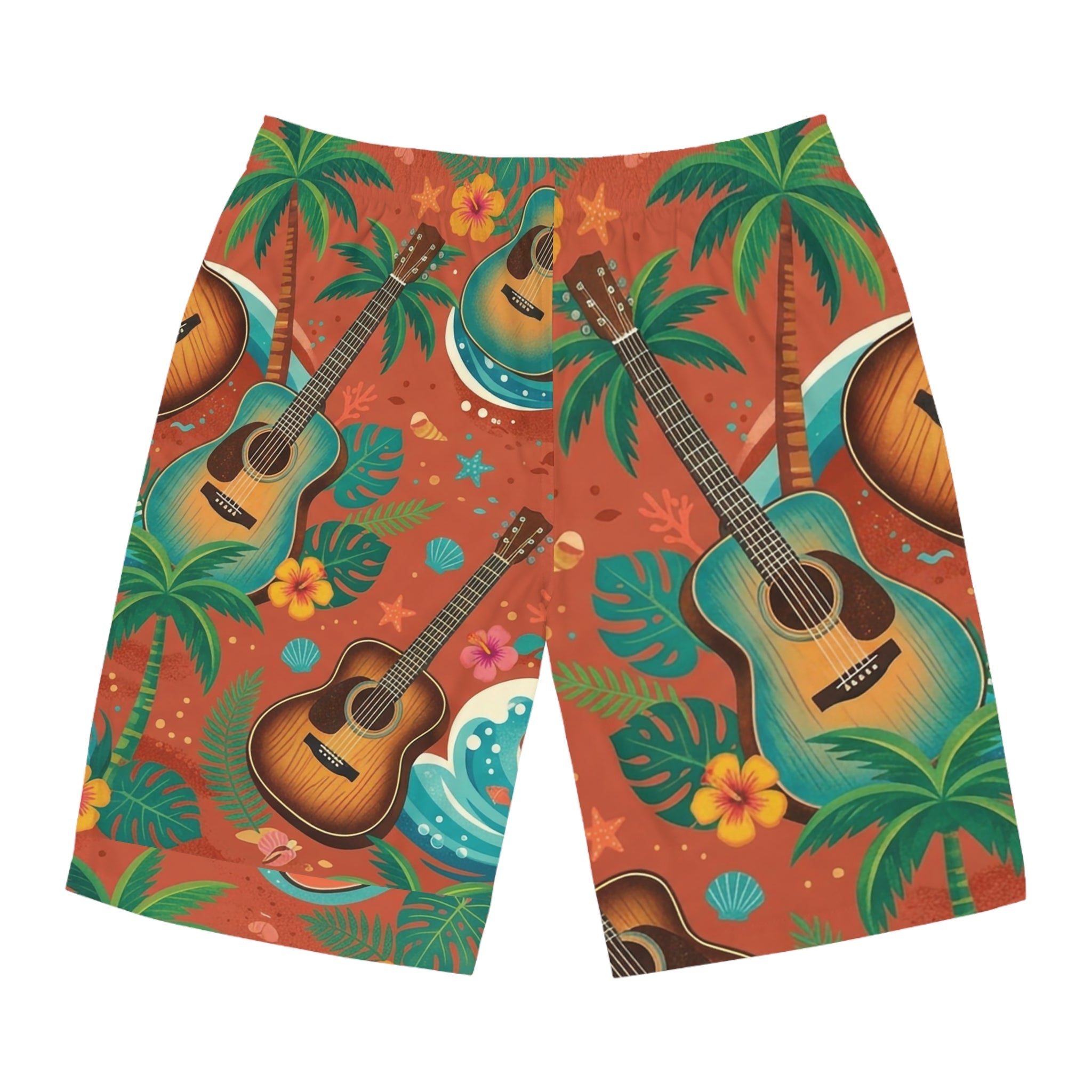 Acoustic Guitar Tropical Board Shorts — Men’s Hawaiian Beach Swim Trunks - Raven Quest Apparel