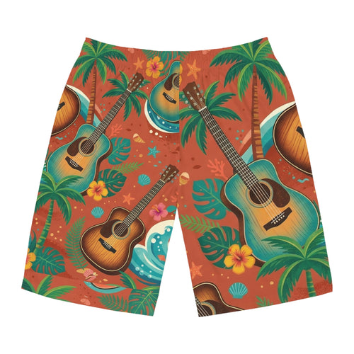 Acoustic Guitar Tropical Board Shorts — Men’s Hawaiian Beach Swim Trunks - Raven Quest Apparel