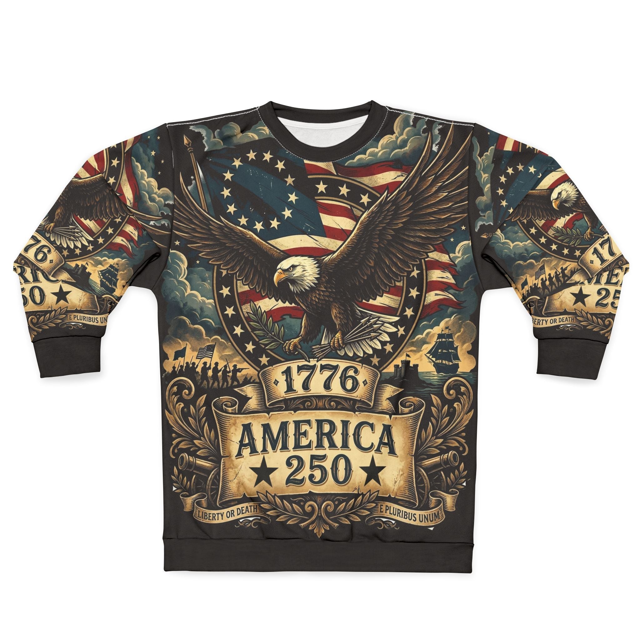 America 250 All - Over Print Sweatshirt — 1776 Revolutionary Eagle Patriotic Design - Raven Quest Apparel