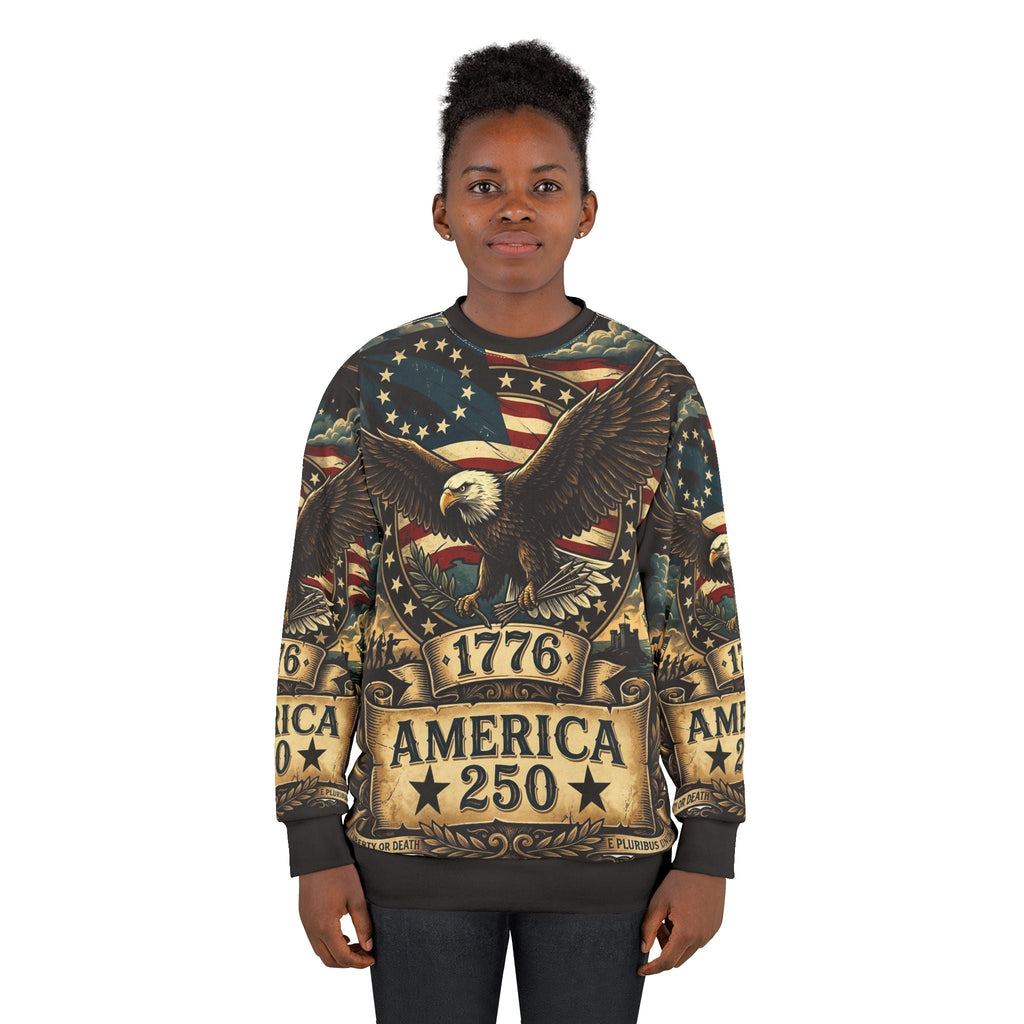 America 250 All - Over Print Sweatshirt — 1776 Revolutionary Eagle Patriotic Design - Raven Quest Apparel