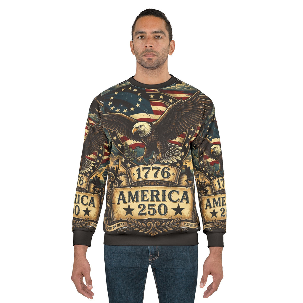 America 250 All - Over Print Sweatshirt — 1776 Revolutionary Eagle Patriotic Design - Raven Quest Apparel