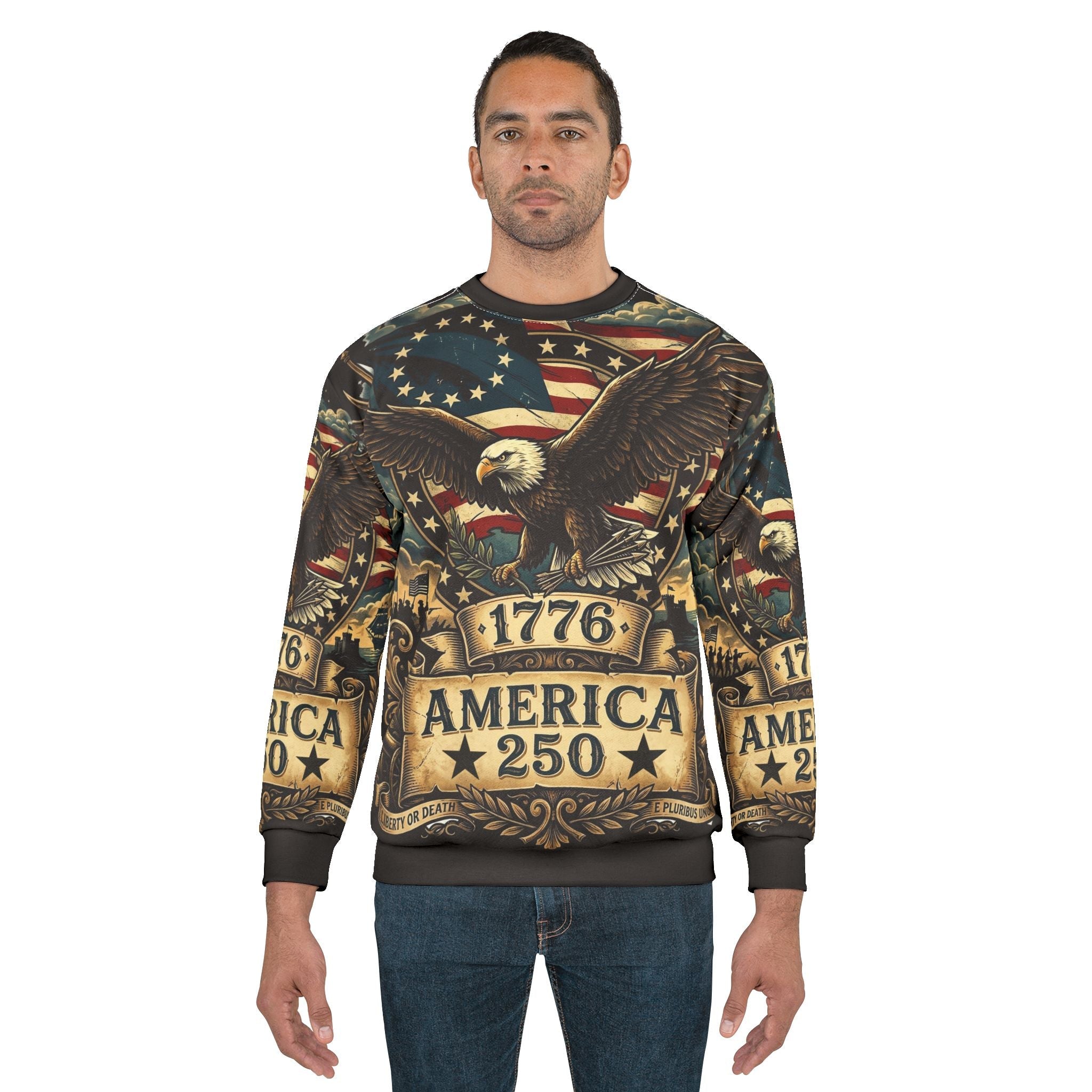 America 250 All - Over Print Sweatshirt — 1776 Revolutionary Eagle Patriotic Design - Raven Quest Apparel