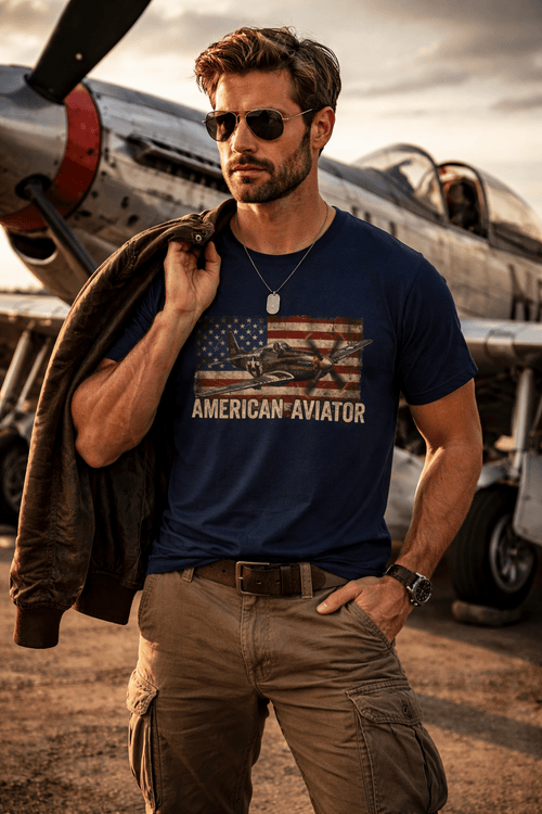 American Aviator T-Shirt – Vintage Flag Airplane Graphic Tee - Raven Quest Apparel