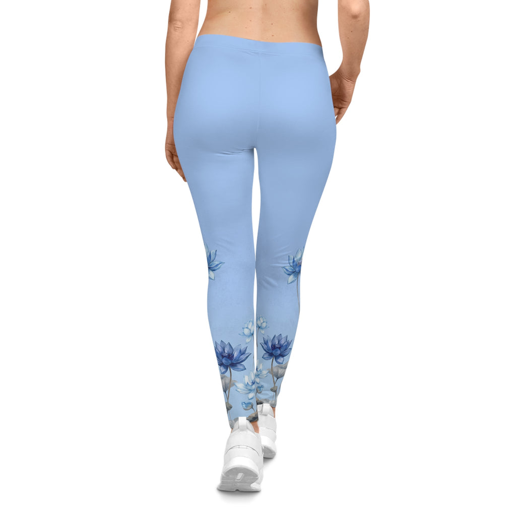 Blue Lotus Floral Leggings — Women's Casual All - Over Print - Raven Quest Apparel