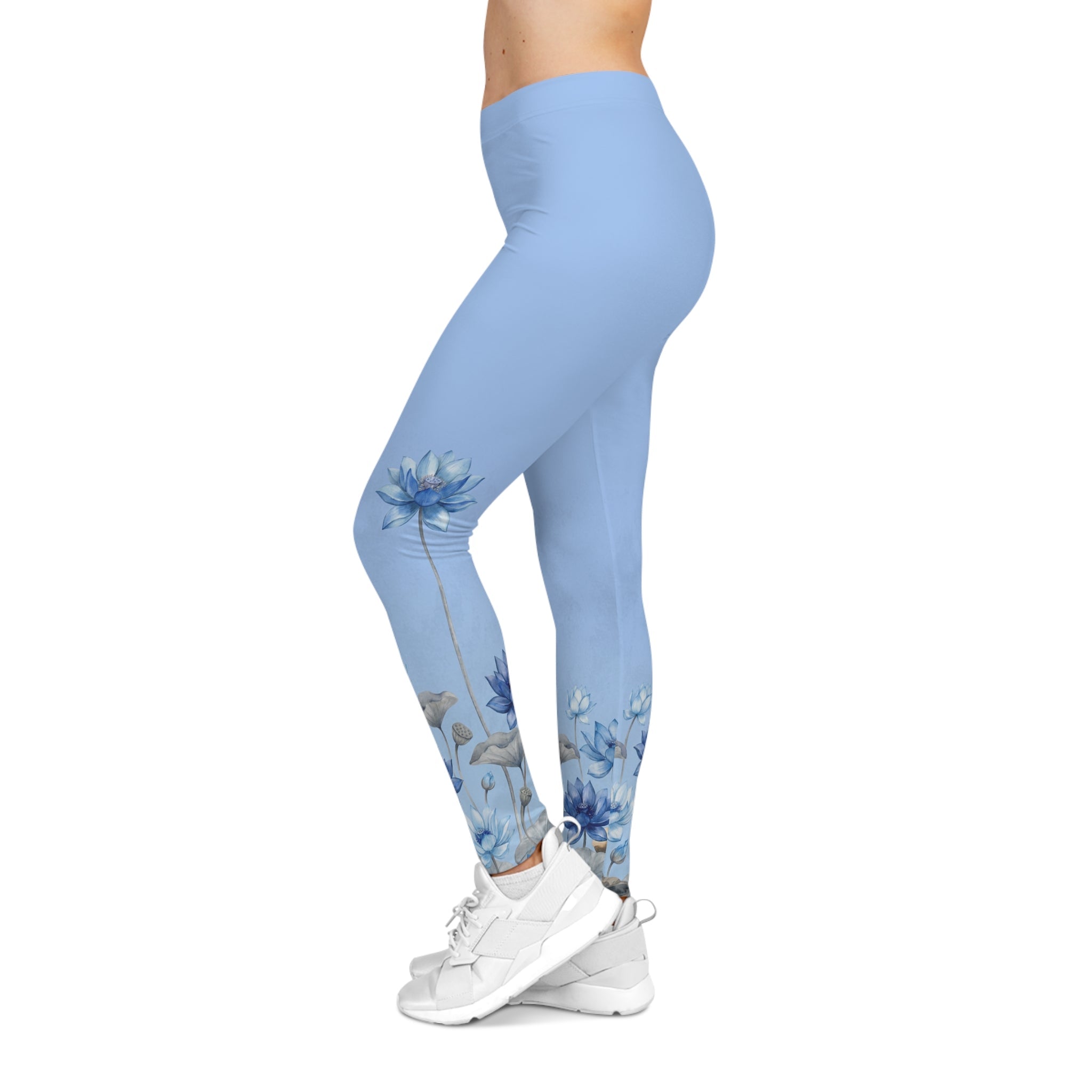 Blue Lotus Floral Leggings — Women's Casual All - Over Print - Raven Quest Apparel