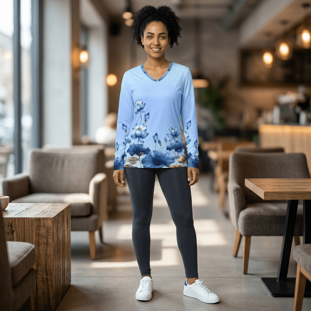 Blue Lotus V - Neck Long Sleeve Shirt — Floral Gradient Women's Top - Raven Quest Apparel