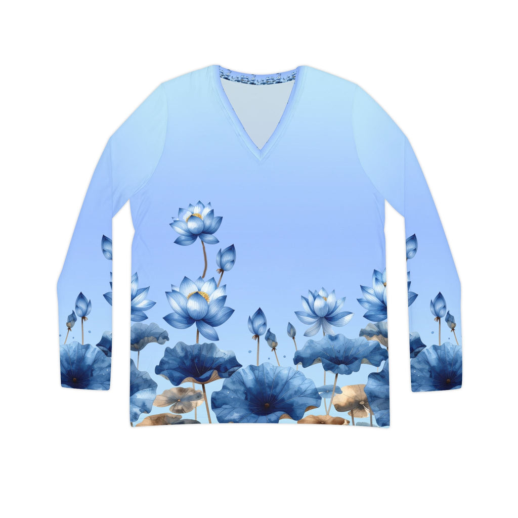 Blue Lotus V - Neck Long Sleeve Shirt — Floral Gradient Women's Top - Raven Quest Apparel
