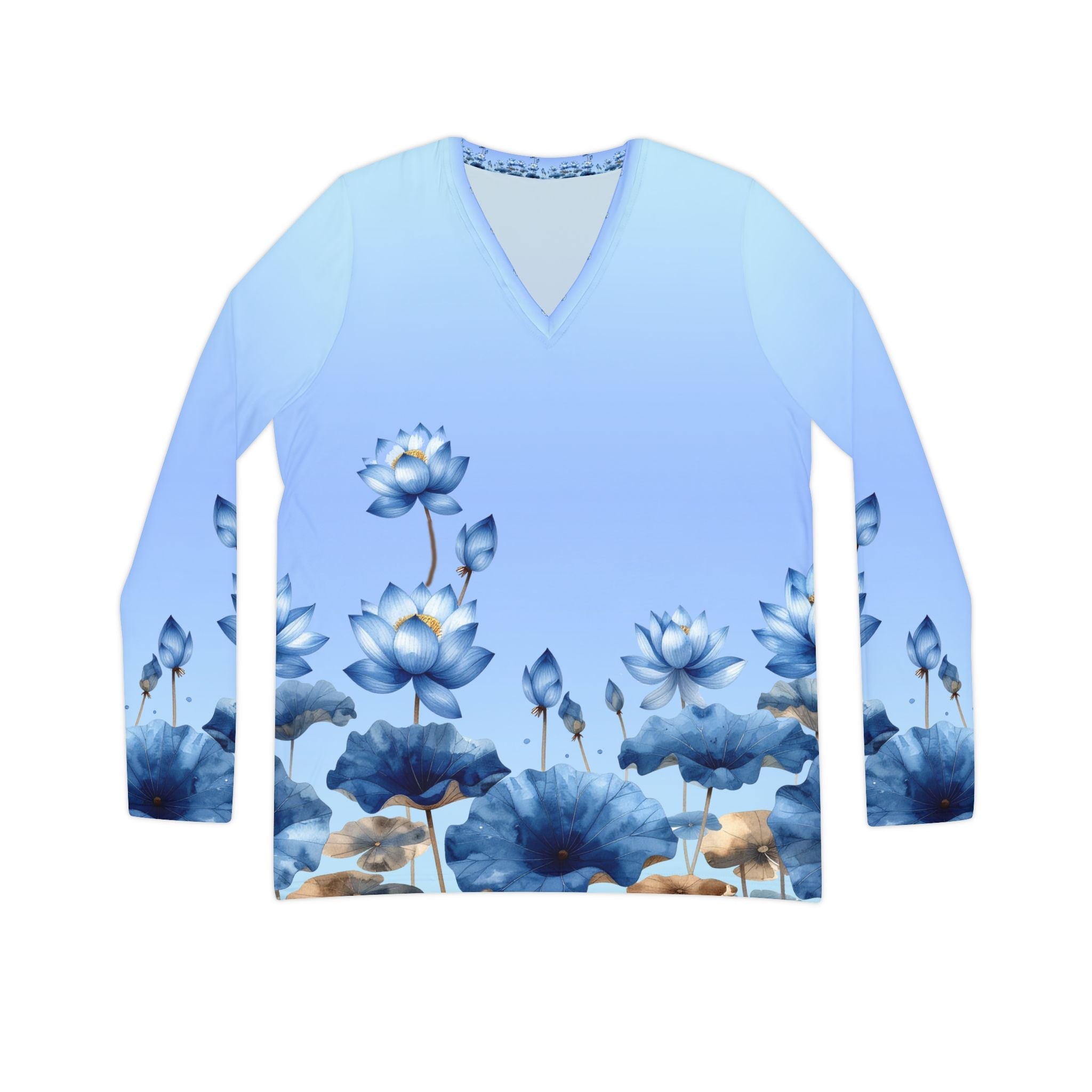Blue Lotus V - Neck Long Sleeve Shirt — Floral Gradient Women's Top - Raven Quest Apparel