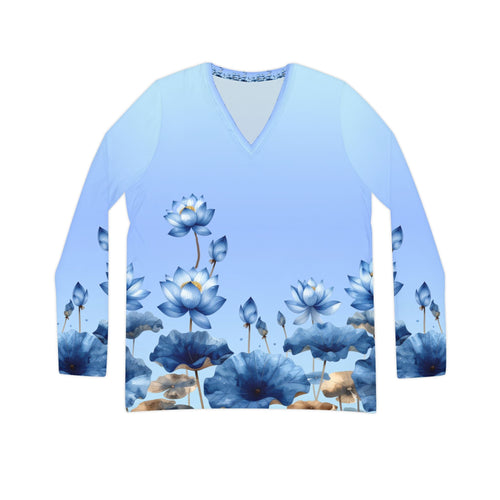 Blue Lotus V - Neck Long Sleeve Shirt — Floral Gradient Women's Top - Raven Quest Apparel