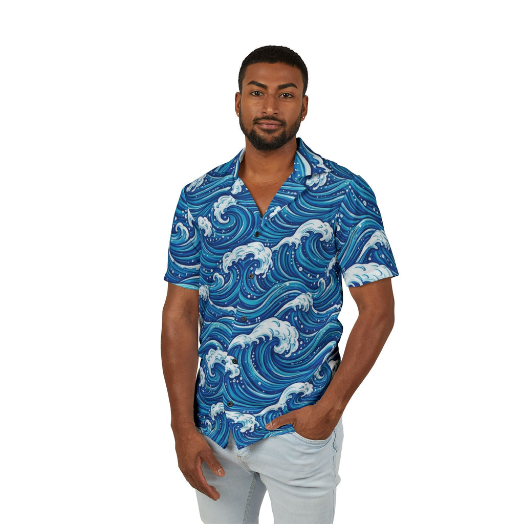 Blue Ocean Wave Hawaiian Shirt — Men's Tropical Camp Shirt - Raven Quest Apparel
