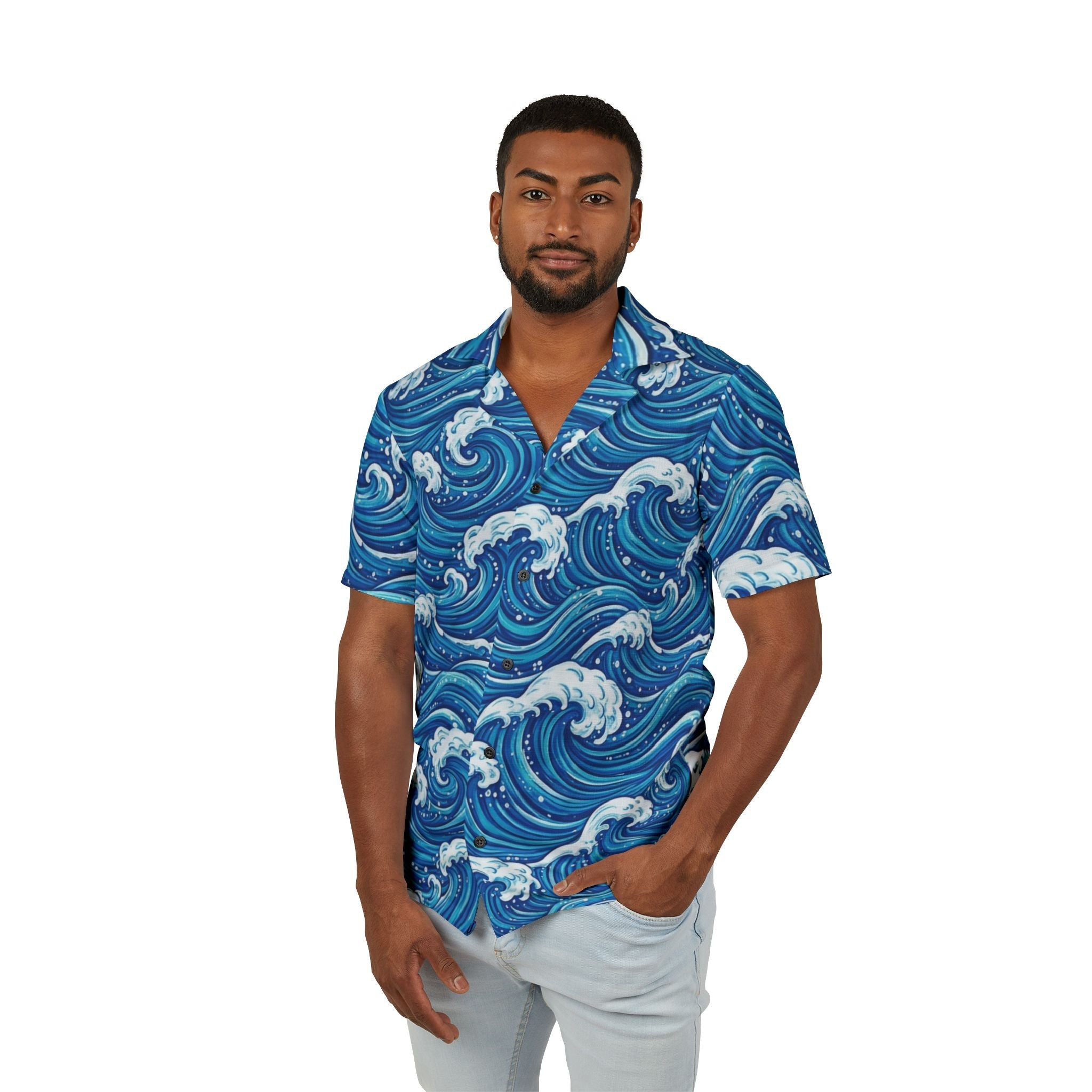 Blue Ocean Wave Hawaiian Shirt — Men's Tropical Camp Shirt - Raven Quest Apparel