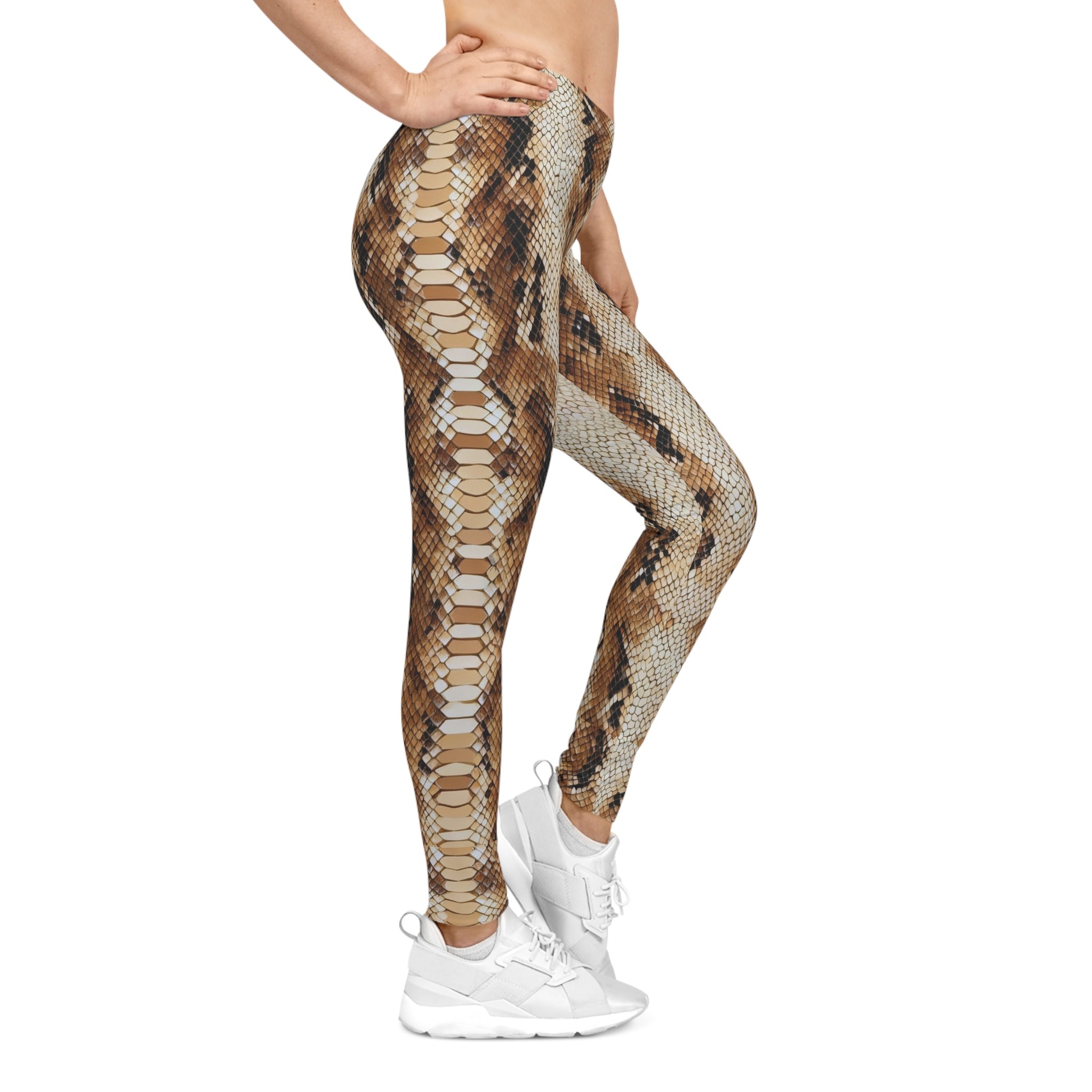 Brown Snake Print Leggings —Casual AOP Snake - Skin Leggings - Raven Quest Apparel
