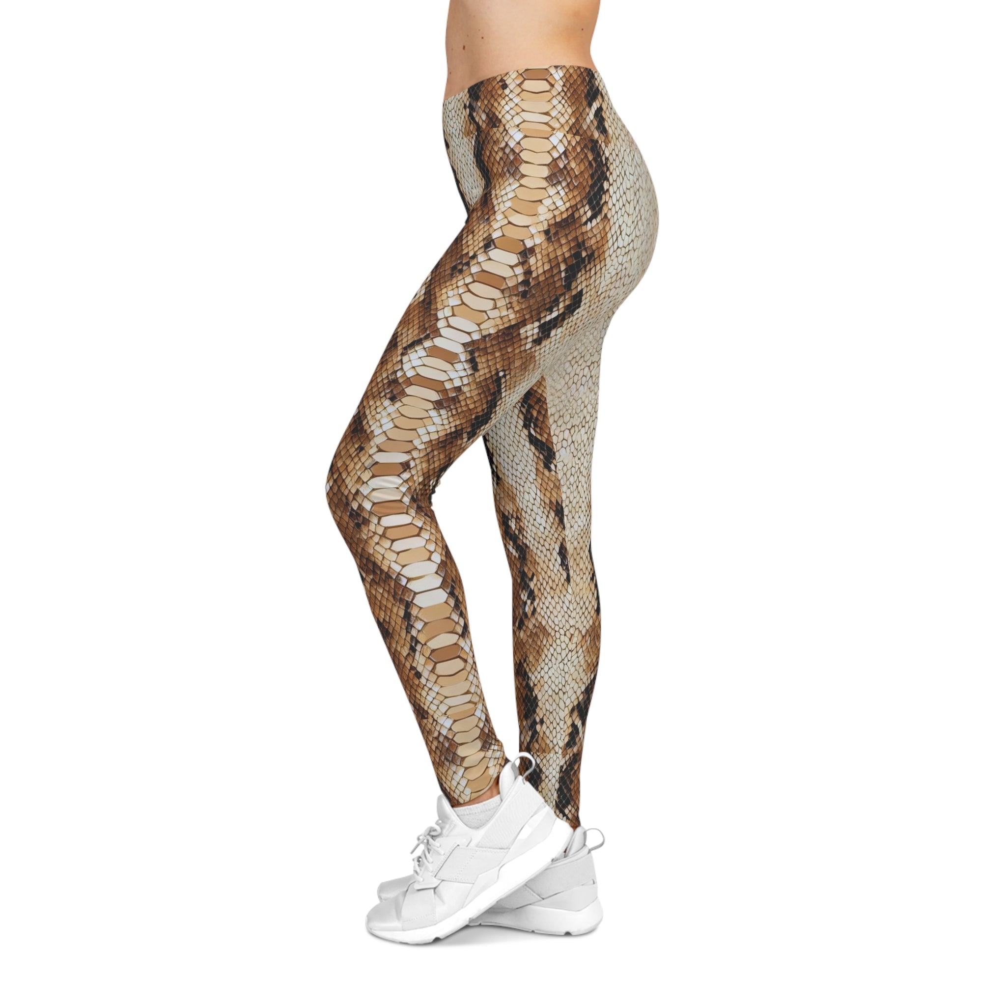Brown Snake Print Leggings —Casual AOP Snake - Skin Leggings - Raven Quest Apparel