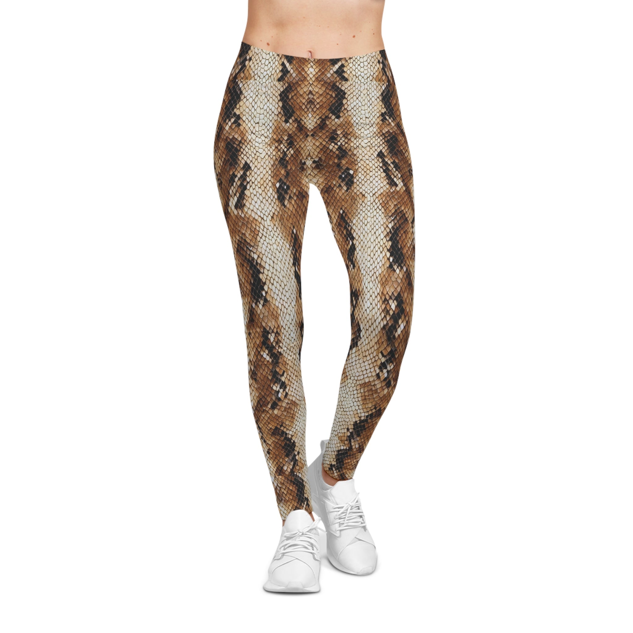 Brown Snake Print Leggings —Casual AOP Snake - Skin Leggings - Raven Quest Apparel