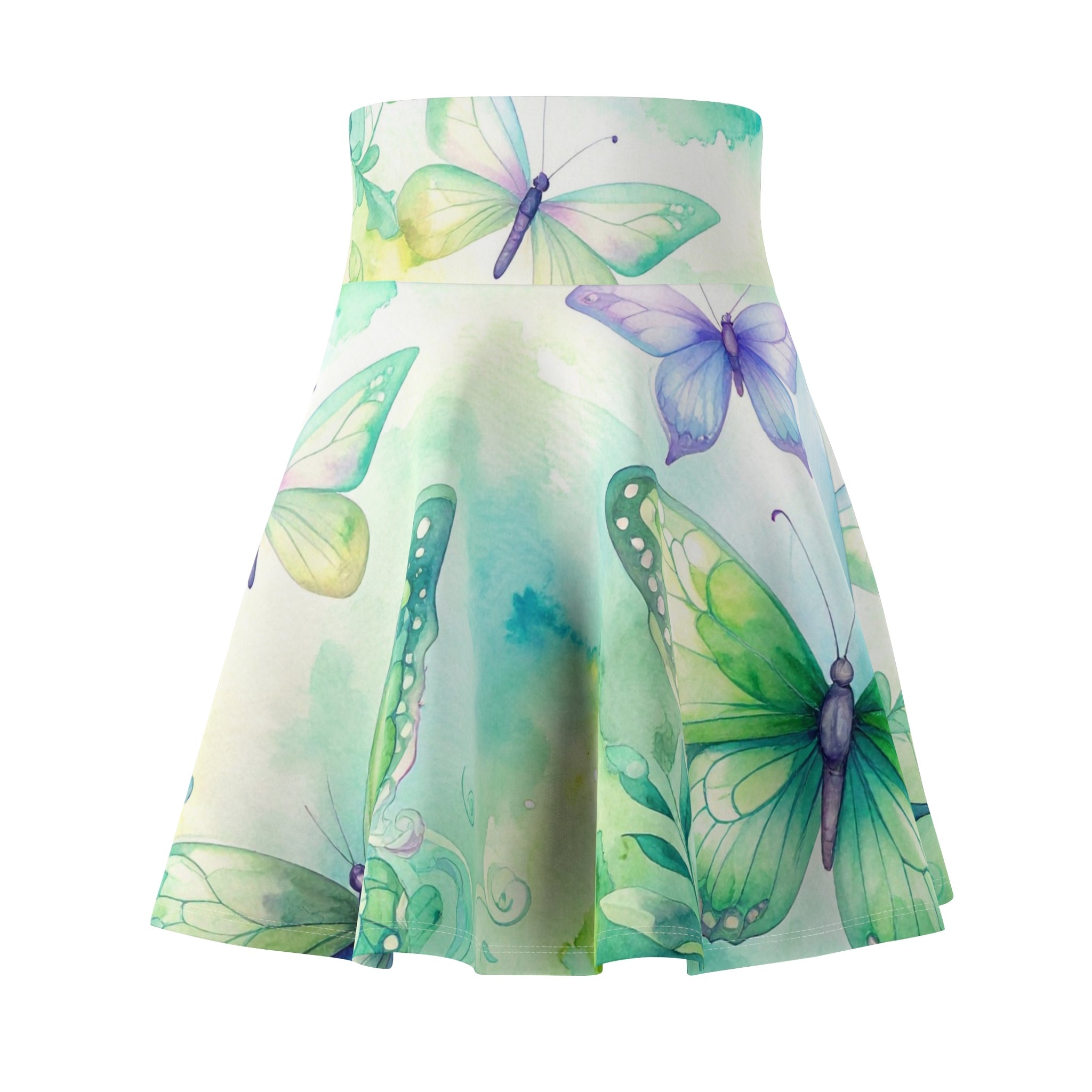 Butterfly Watercolor Skater Skirt — Pastel Green & Lavender Floral Print - Raven Quest Apparel