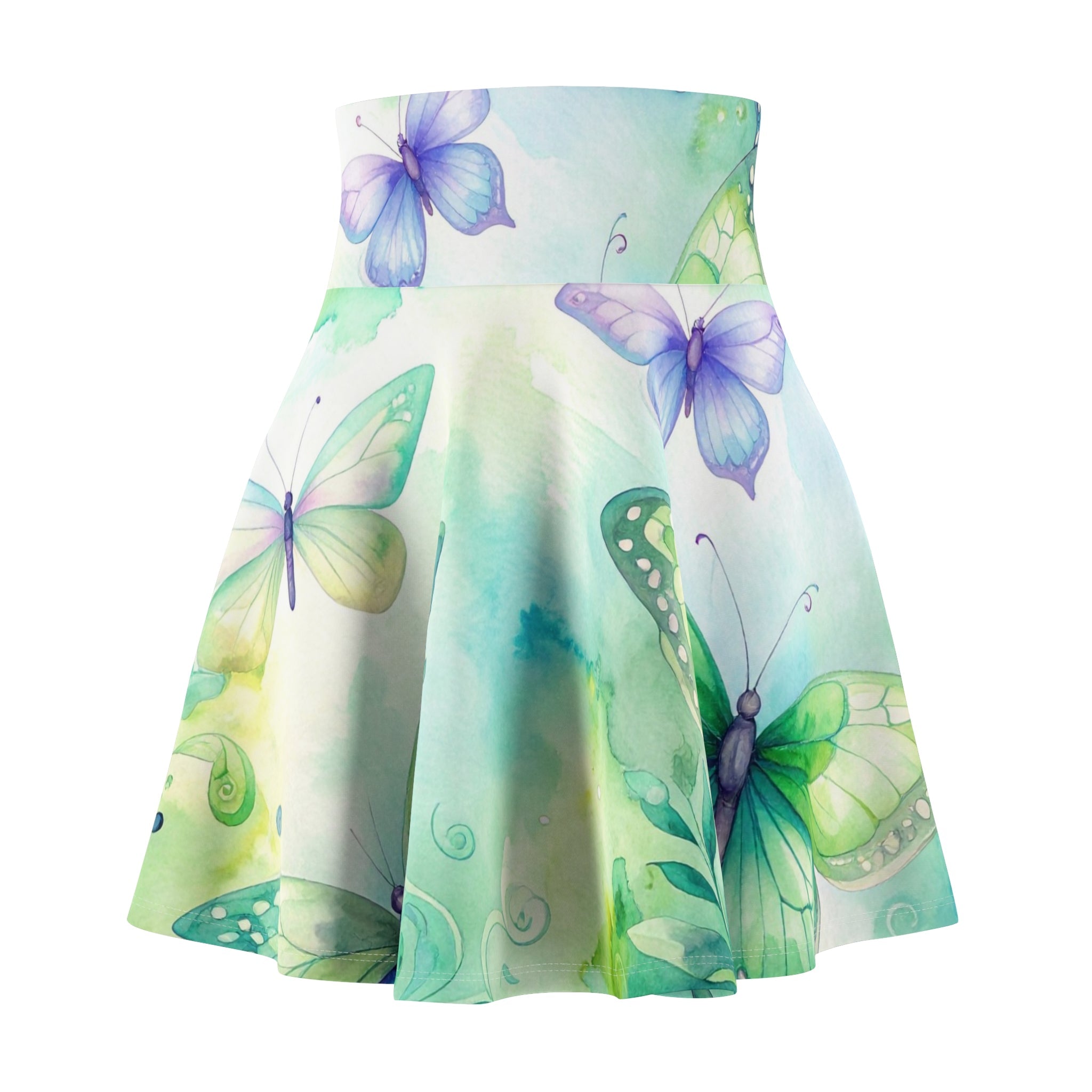 Butterfly Watercolor Skater Skirt — Pastel Green & Lavender Floral Print - Raven Quest Apparel
