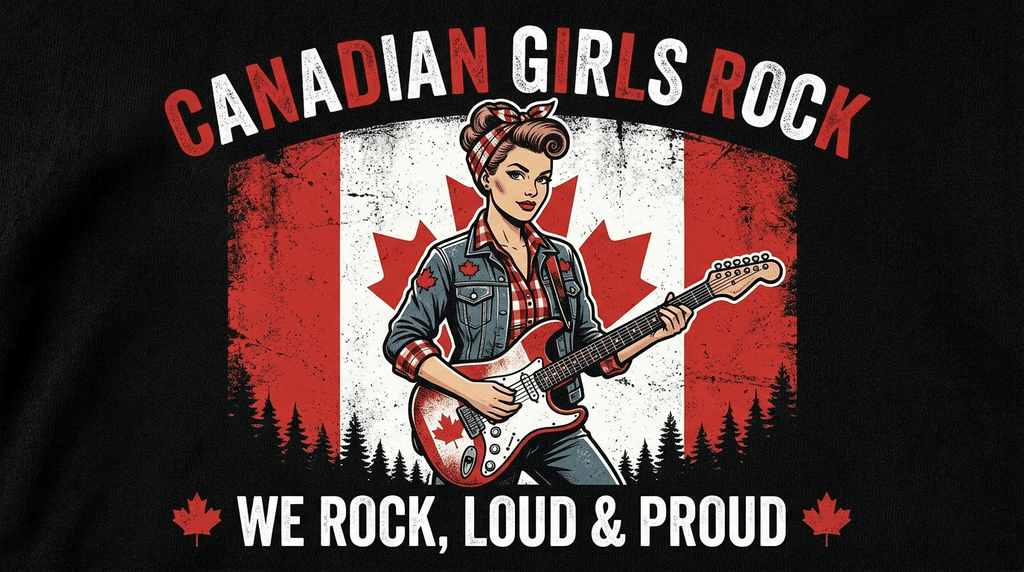 Canadian Grls Rock T-Shirt — “We Rock, Loud & Proud” Retro Maple Leaf Tee - Raven Quest Apparel