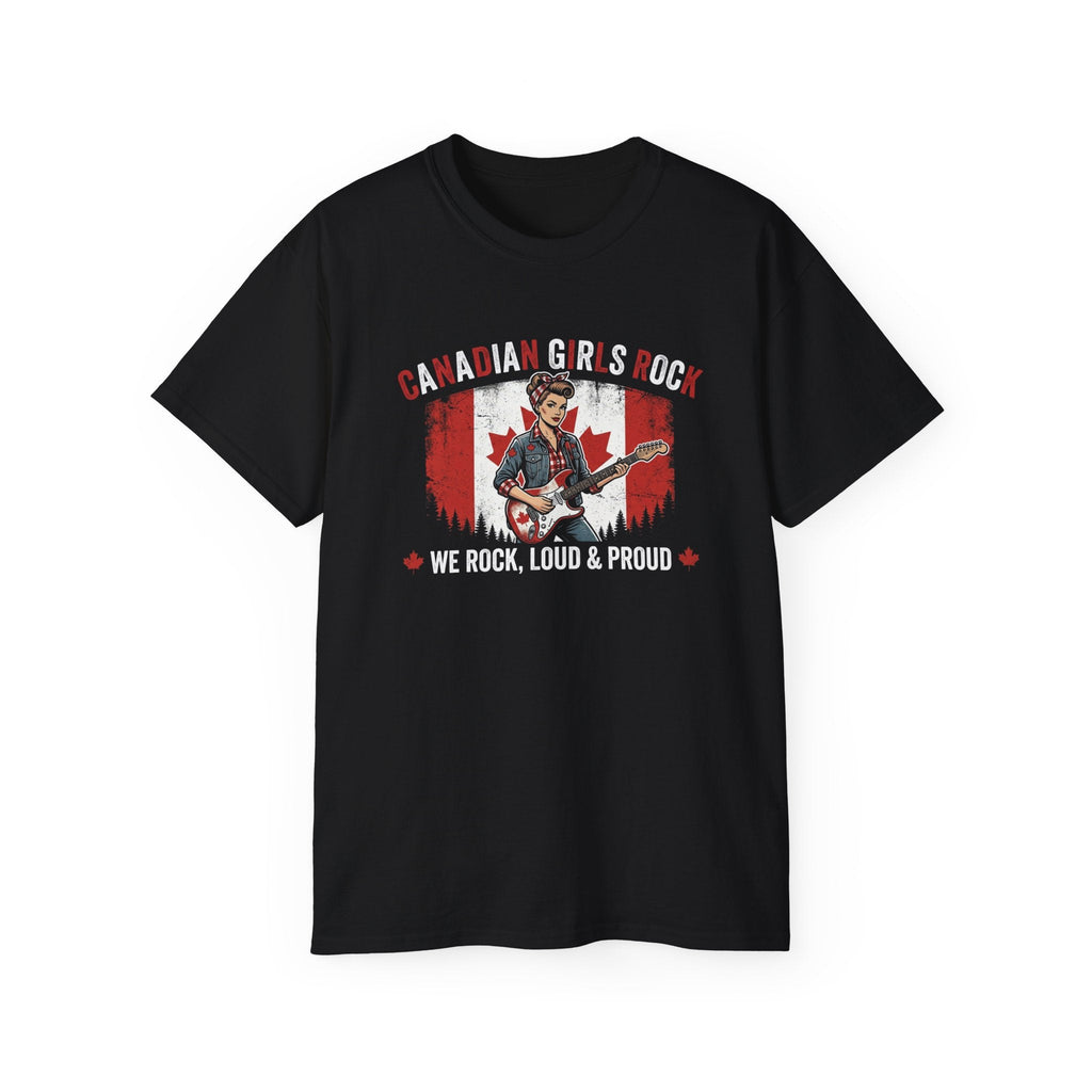 Canadian Grls Rock T-Shirt — “We Rock, Loud & Proud” Retro Maple Leaf Tee - Raven Quest Apparel