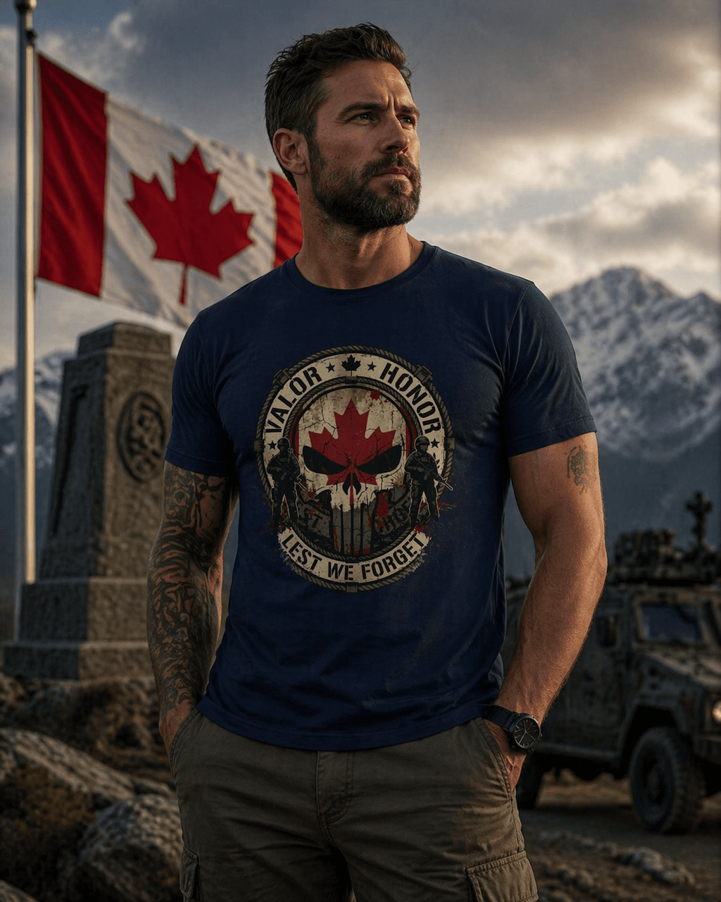 Canadian Remembrance Skull T-Shirt – "Valor • Honor • Lest We Forget" Veteran Tribute - Raven Quest Apparel