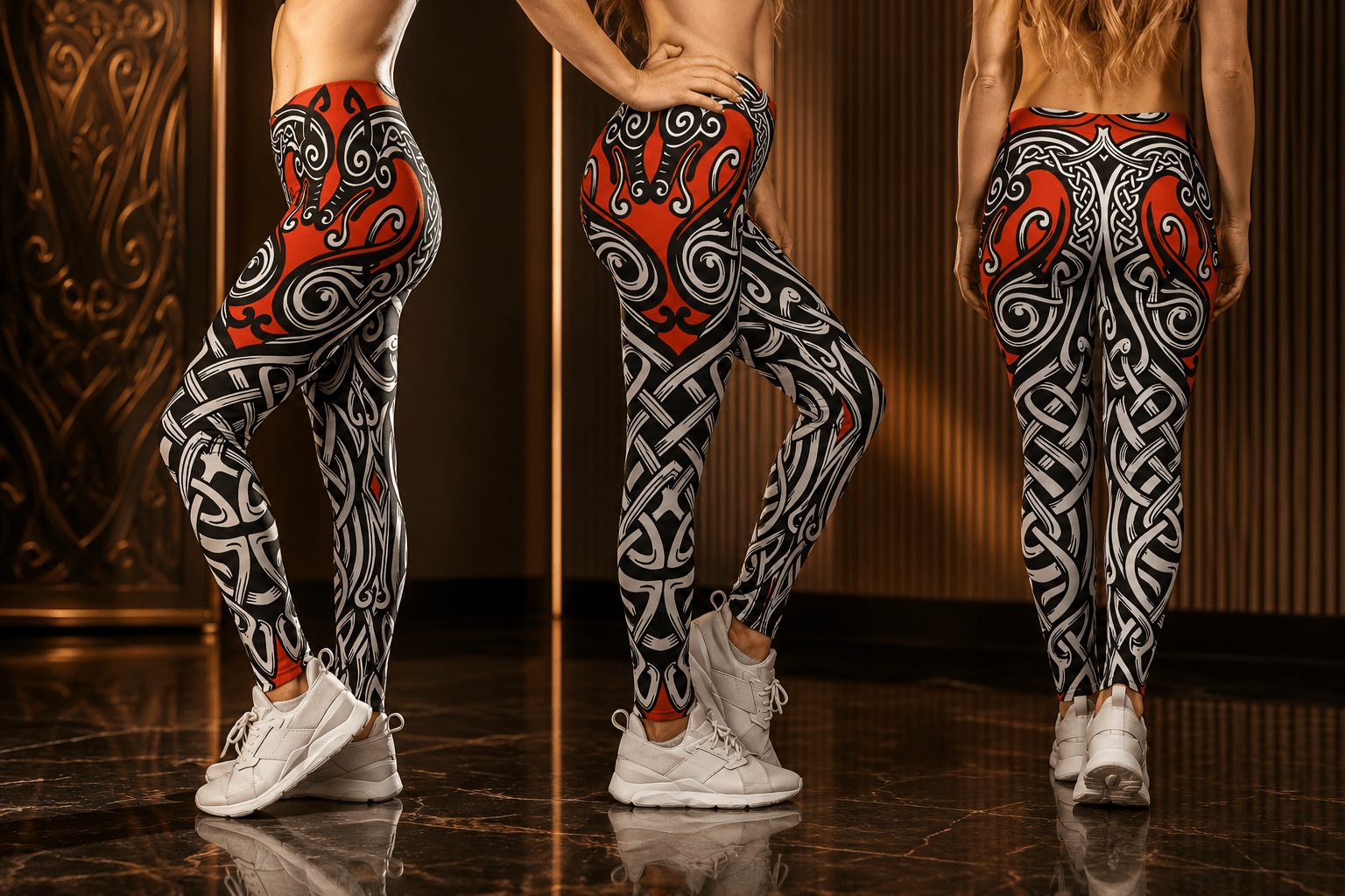 Celtic Knotwork Leggings — Viking Red & Black Tribal Yoga Leggings - Raven Quest Apparel