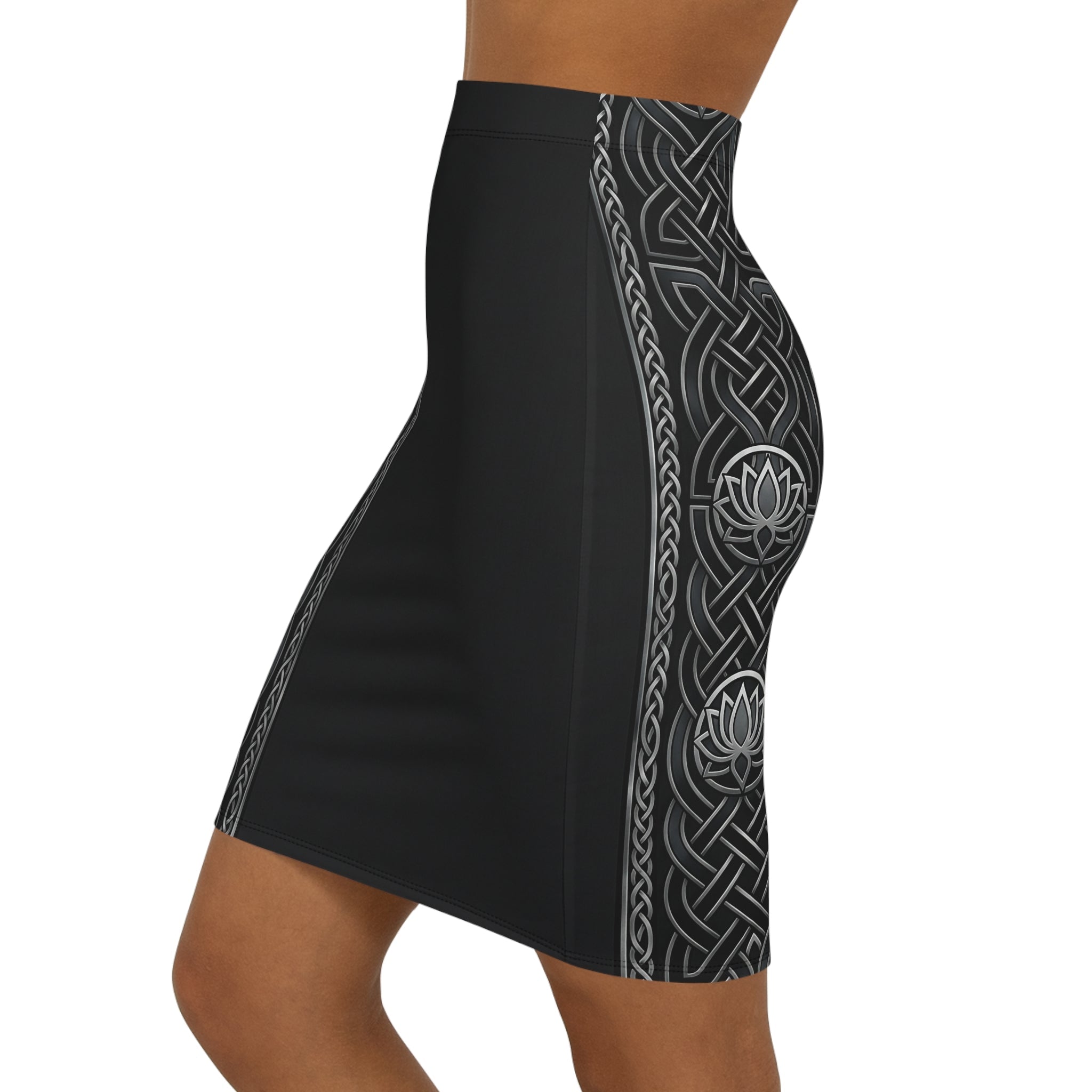 Celtic Lotus Pencil Skirt — Black Mid - Waist Bodycon - Raven Quest Apparel