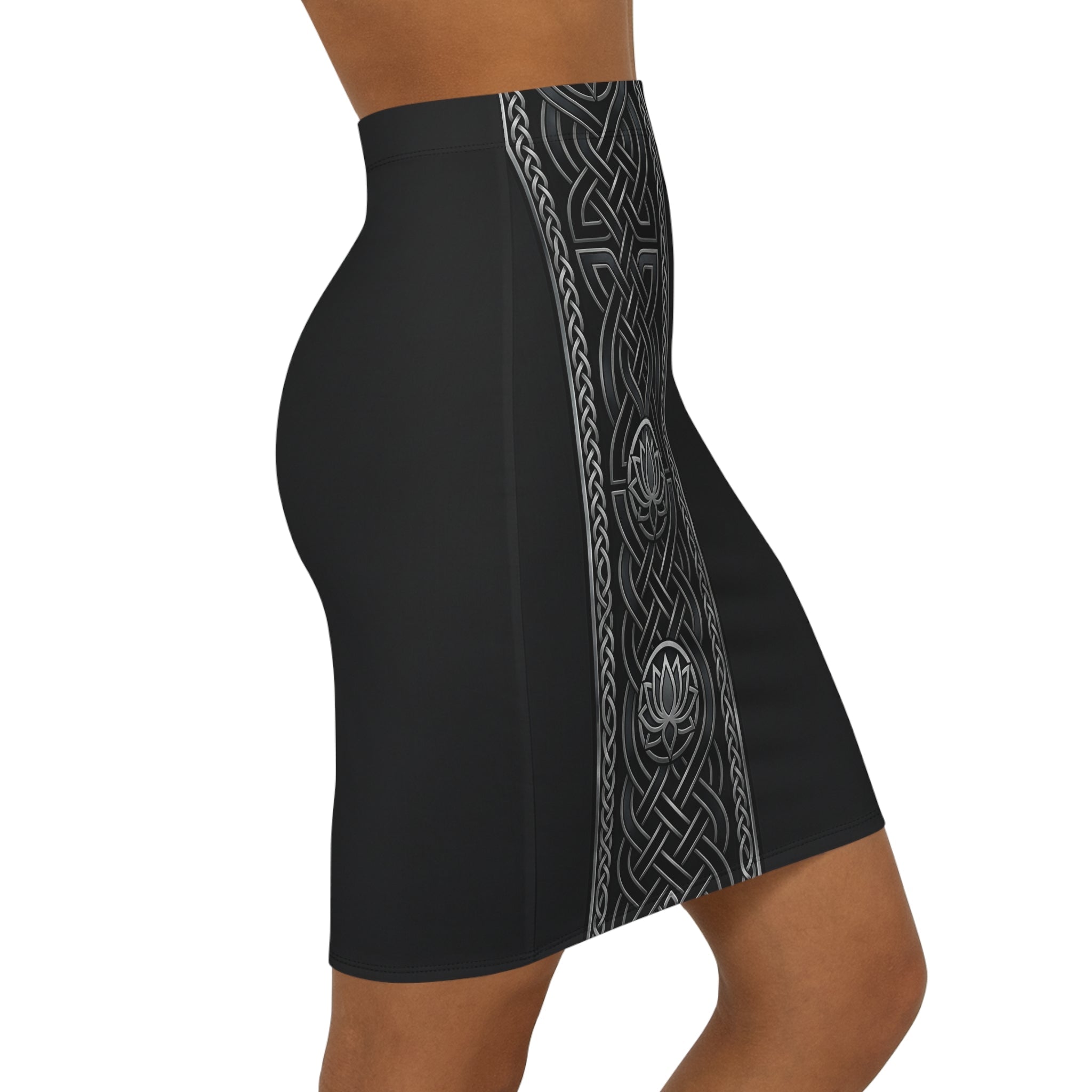 Celtic Lotus Pencil Skirt — Black Mid - Waist Bodycon - Raven Quest Apparel