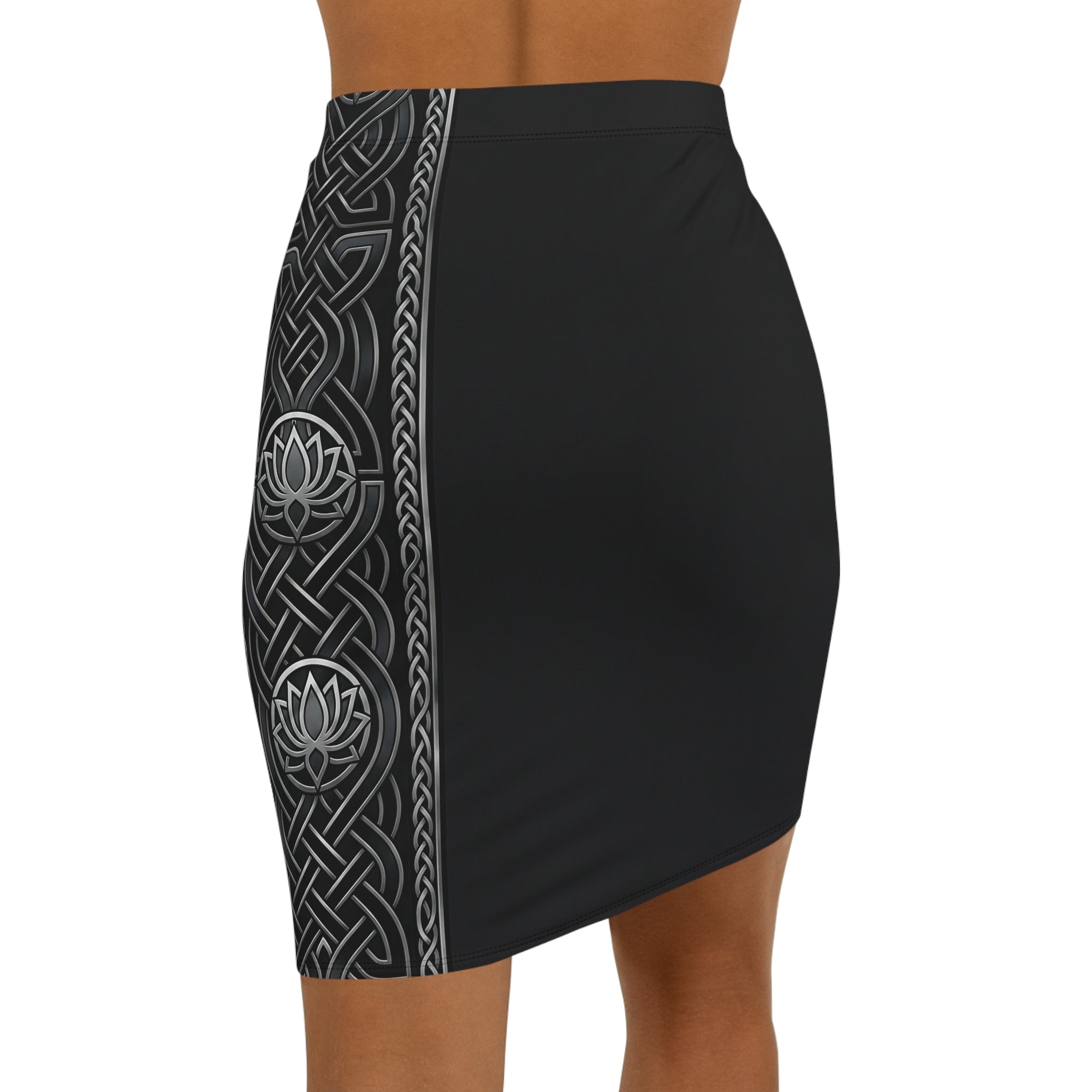 Celtic Lotus Pencil Skirt — Black Mid - Waist Bodycon - Raven Quest Apparel