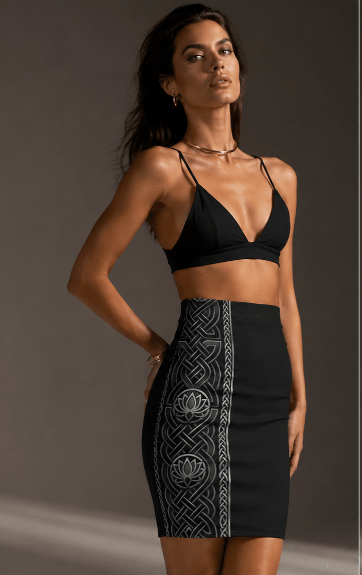 Celtic Lotus Pencil Skirt — Black Mid - Waist Bodycon - Raven Quest Apparel