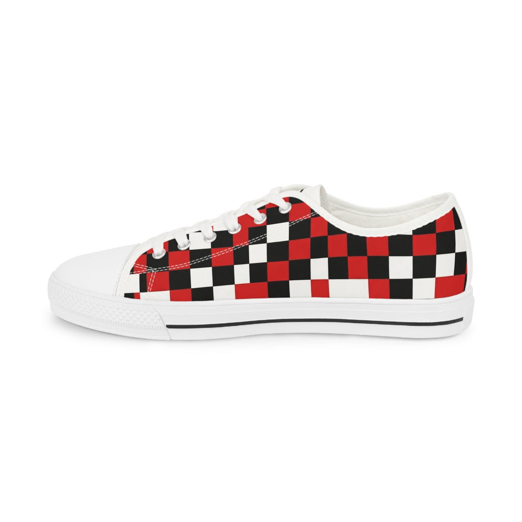Checkerboard Low Top Sneakers — Red & Black Retro Skate Shoes - Raven Quest Apparel