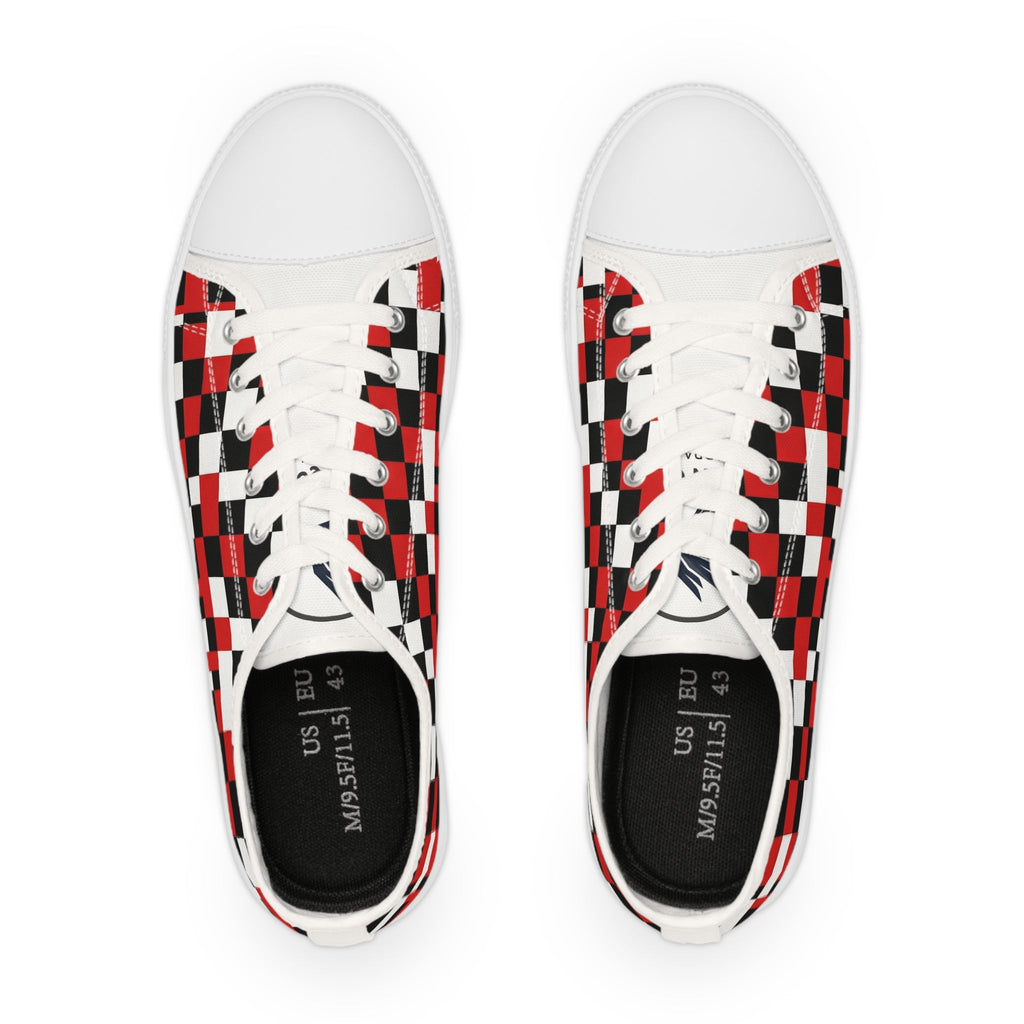 Checkerboard Low Top Sneakers — Red & Black Retro Skate Shoes - Raven Quest Apparel